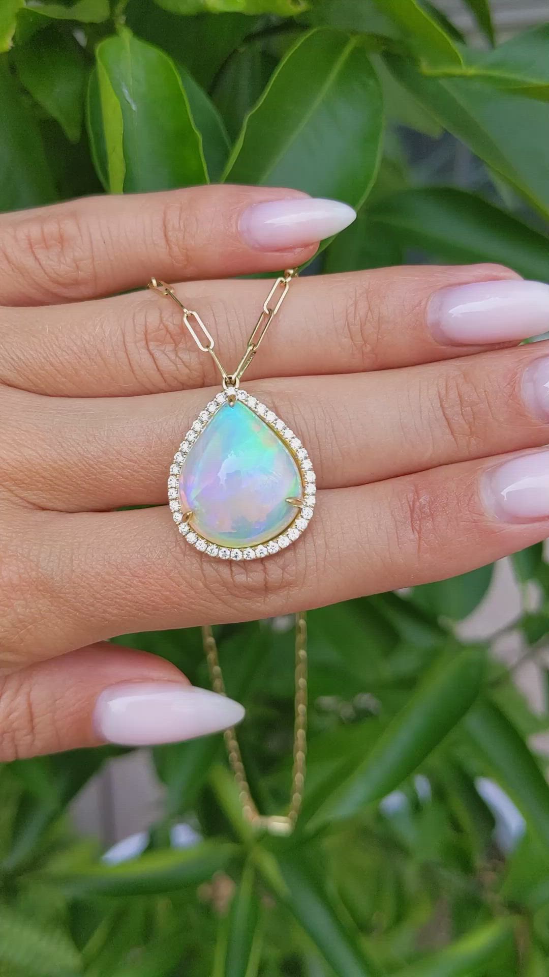 9.00 Ct. Multi Color Opal and Natural Diamond Halo Necklace, 18K Yellow Gold Size Video