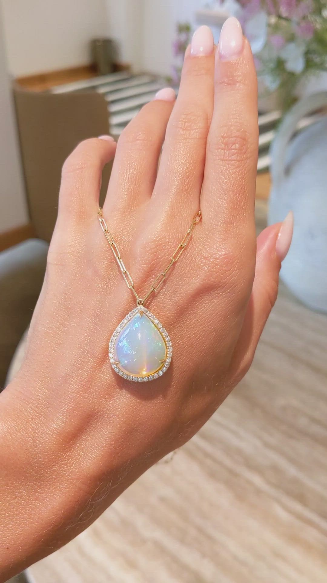 9.00 Ct. Multi Color Opal and Natural Diamond Halo Necklace, 18K Yellow Gold Size Video
