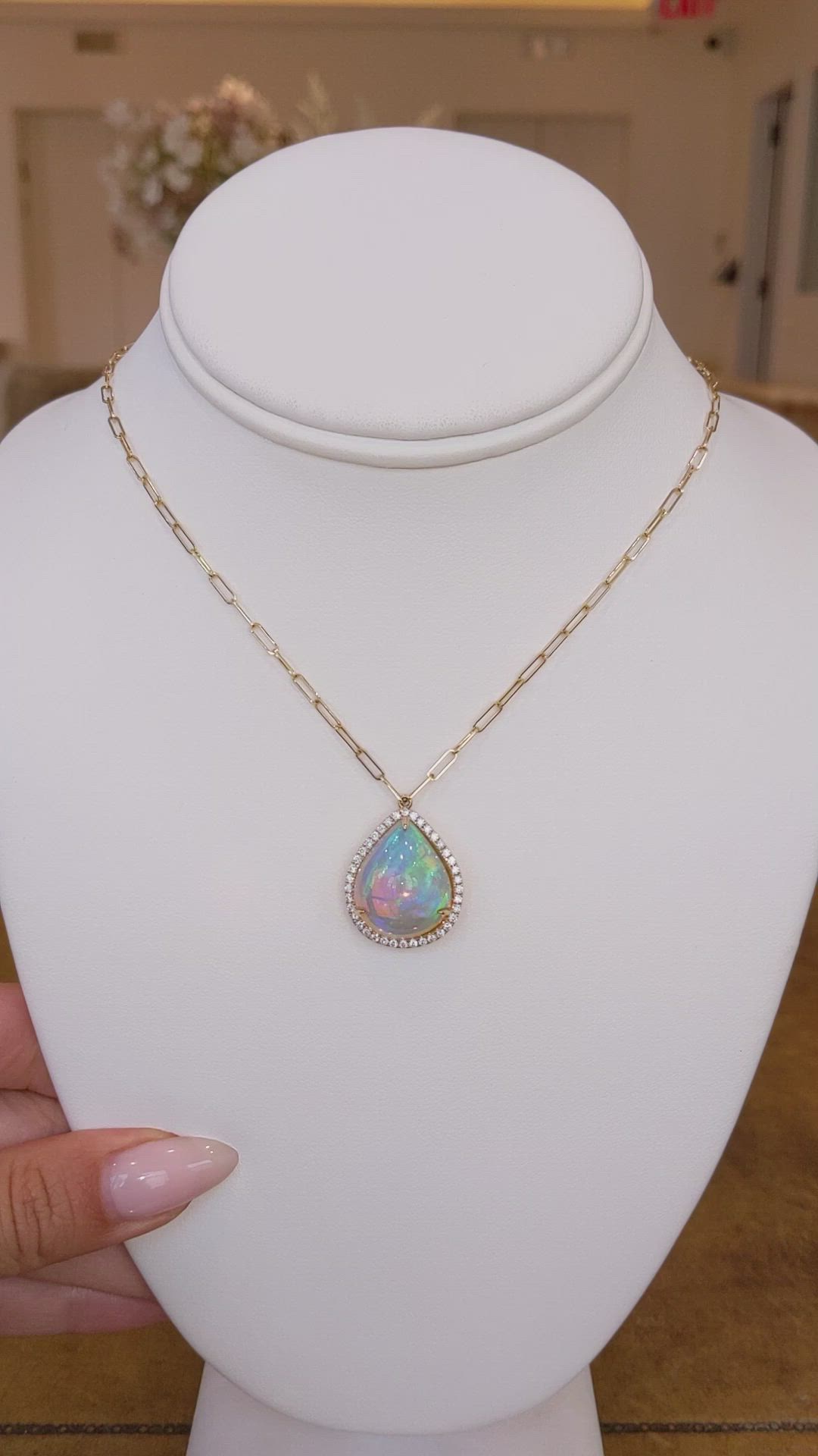 9.00 Ct. Multi Color Opal and Natural Diamond Halo Necklace, 18K Yellow Gold Size Video