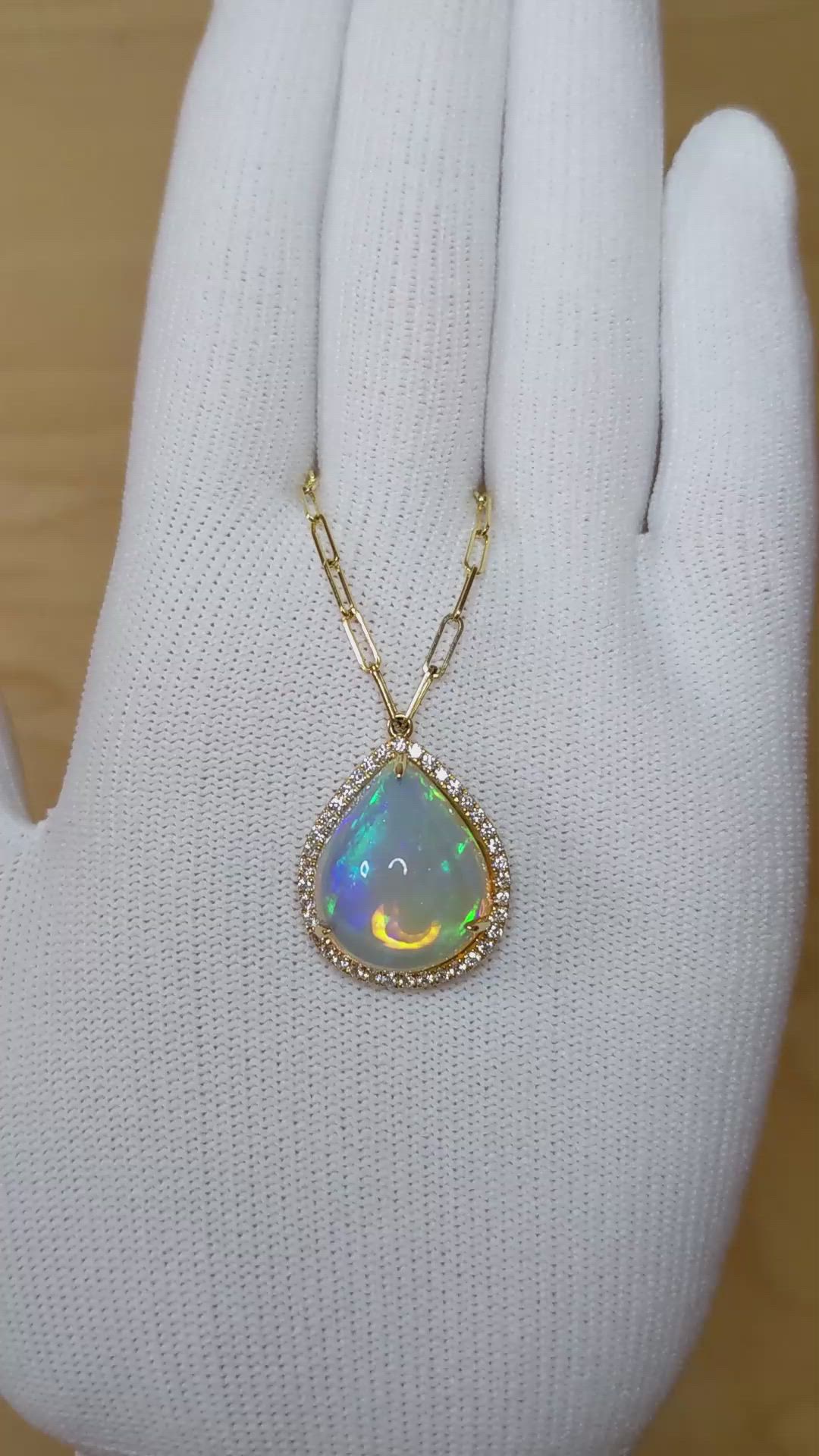9.00 Ct. Multi Color Opal and Natural Diamond Halo Necklace, 18K Yellow Gold Size Video