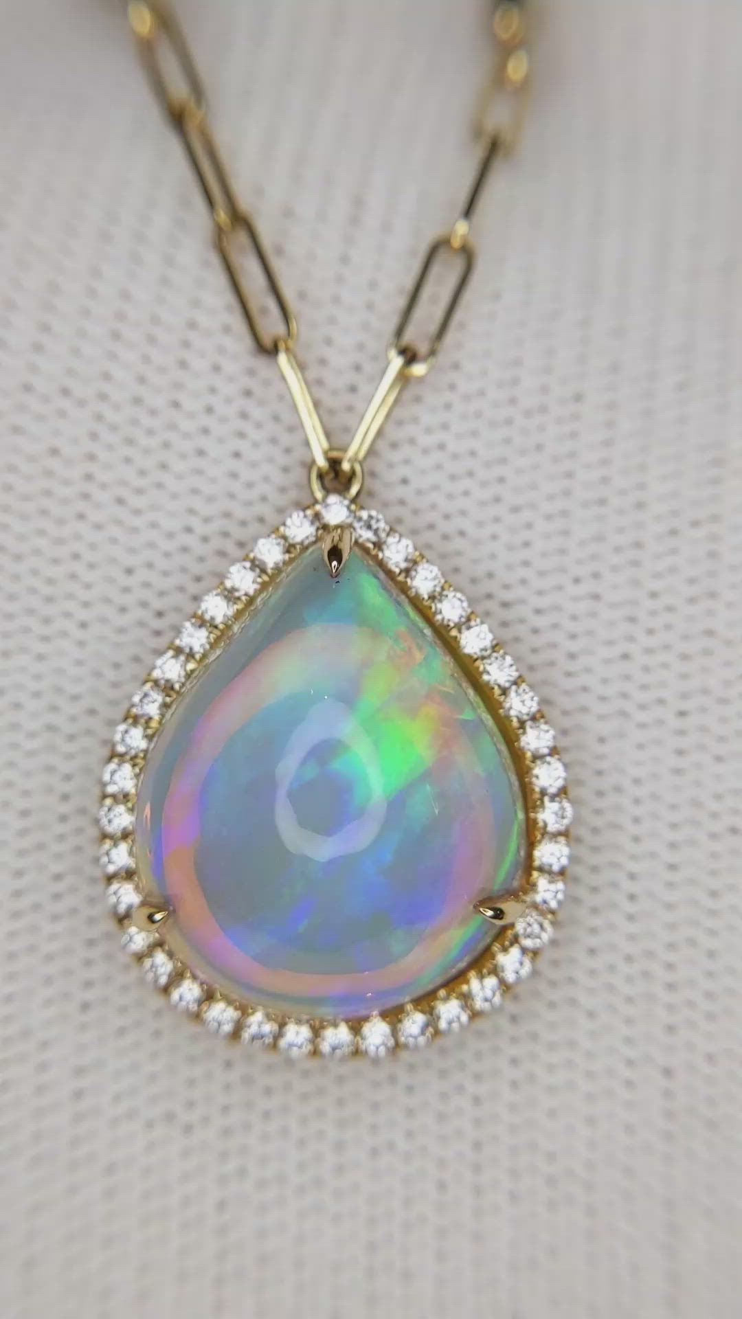 9.00 Ct. Multi Color Opal and Natural Diamond Halo Necklace, 18K Yellow Gold Size Video