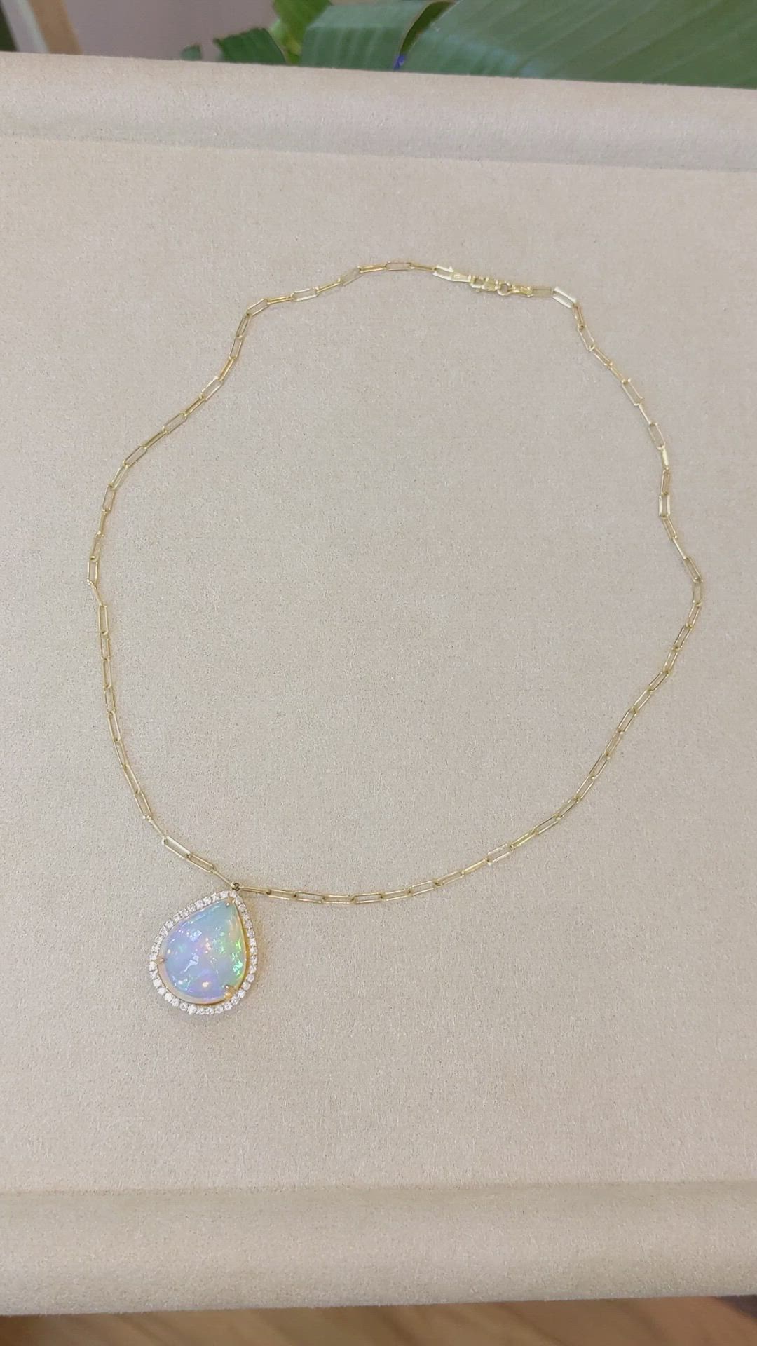 9.00 Ct. Multi Color Opal and Natural Diamond Halo Necklace, 18K Yellow Gold Size Video