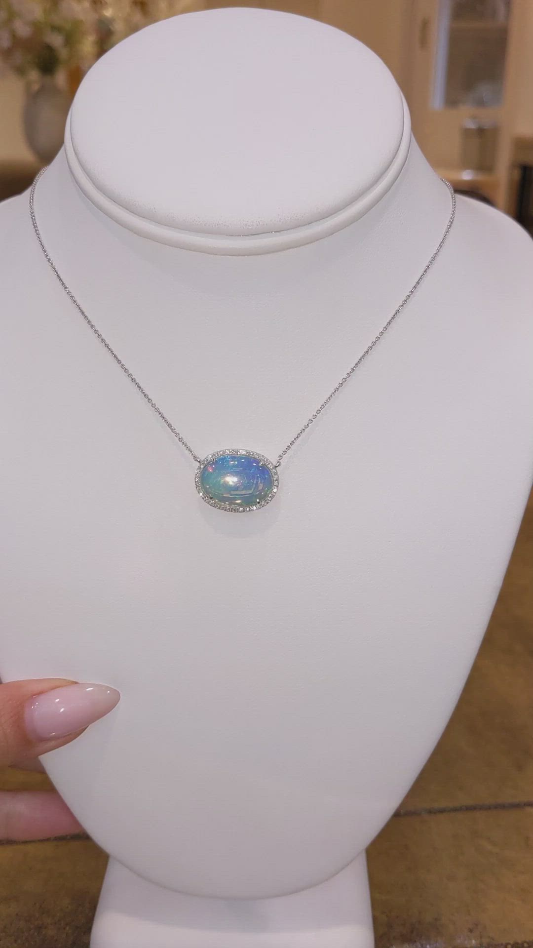8.11 Ct. Multi Color Opal and Natural Diamond Pave Necklace, 14K White Gold Size Video