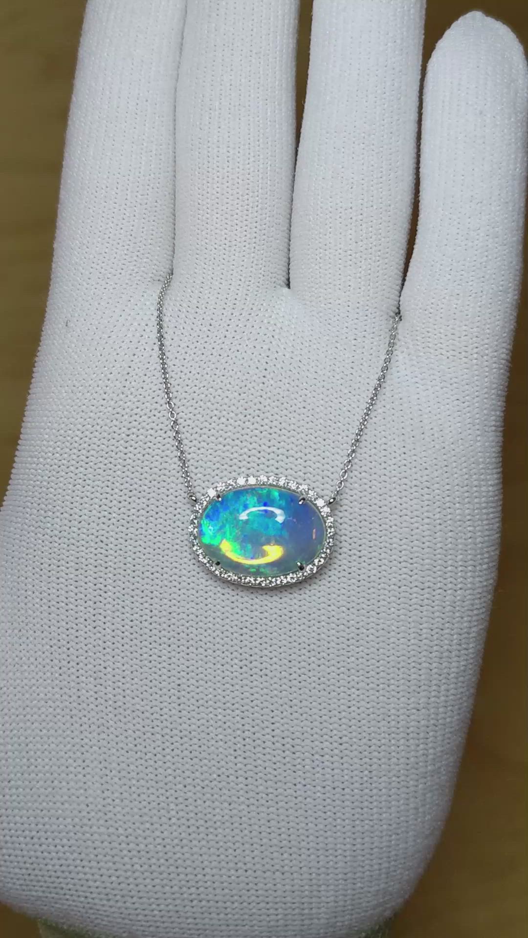 8.11 Ct. Multi Color Opal and Natural Diamond Pave Necklace, 14K White Gold Size Video