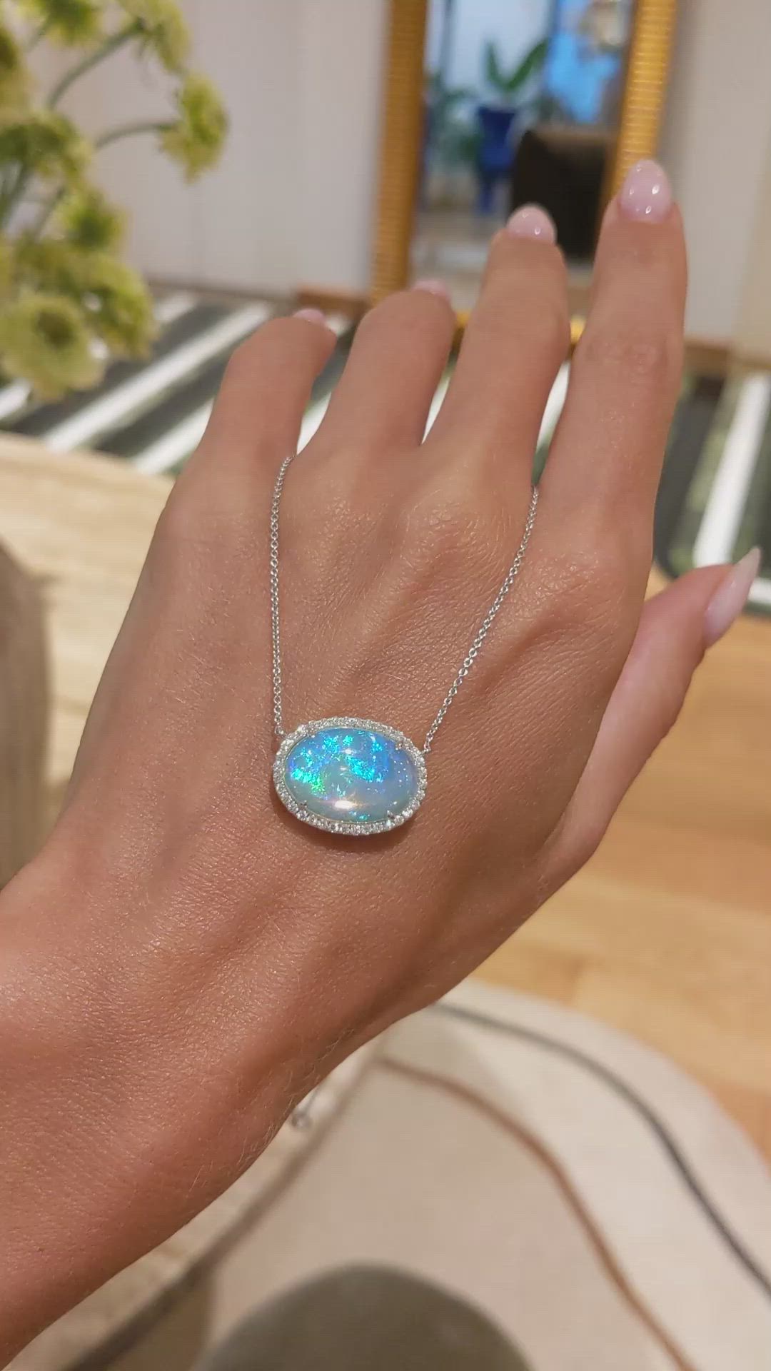 8.11 Ct. Multi Color Opal and Natural Diamond Pave Necklace, 14K White Gold Size Video