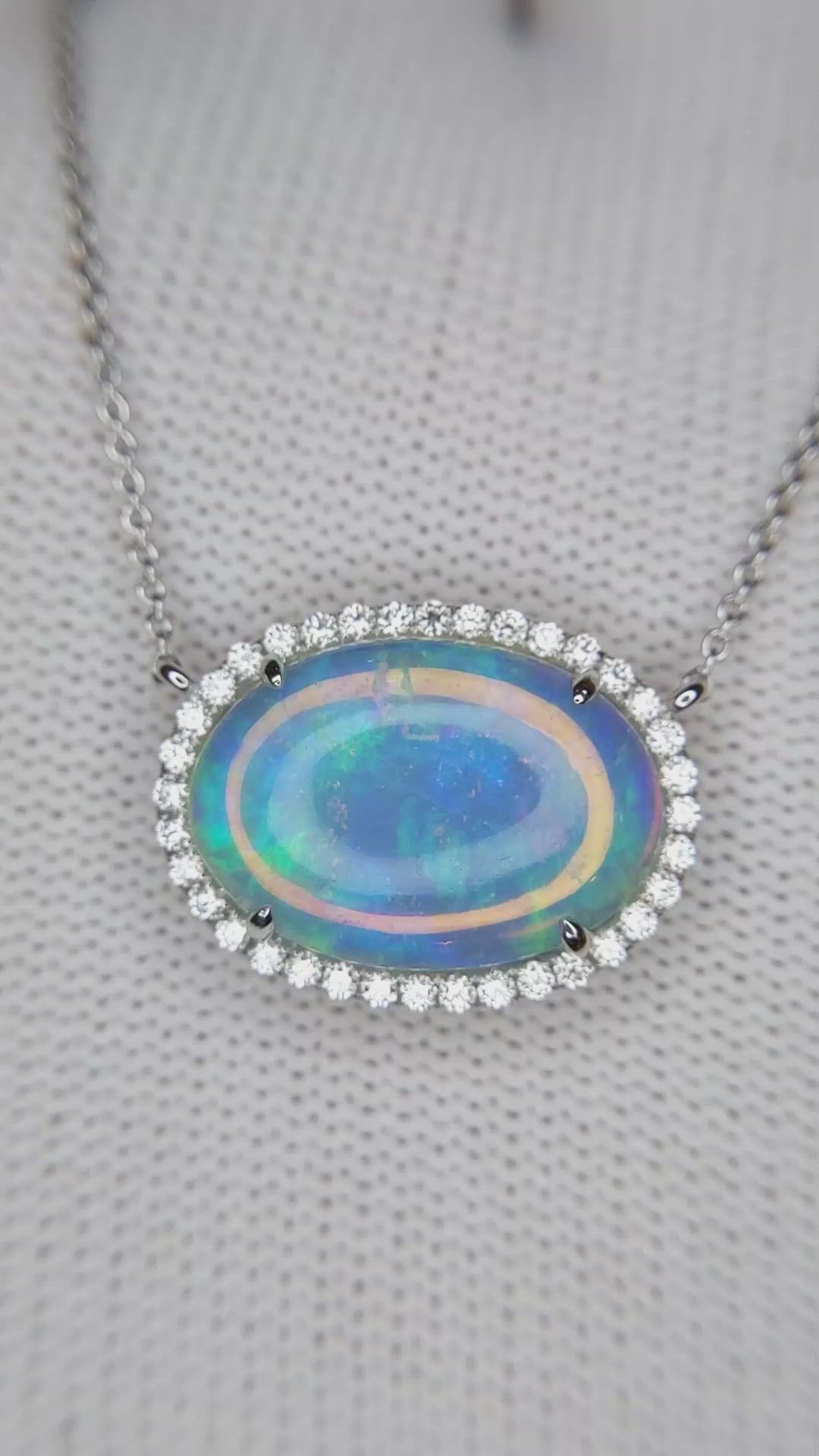 8.11 Ct. Multi Color Opal and Natural Diamond Pave Necklace, 14K White Gold Size Video