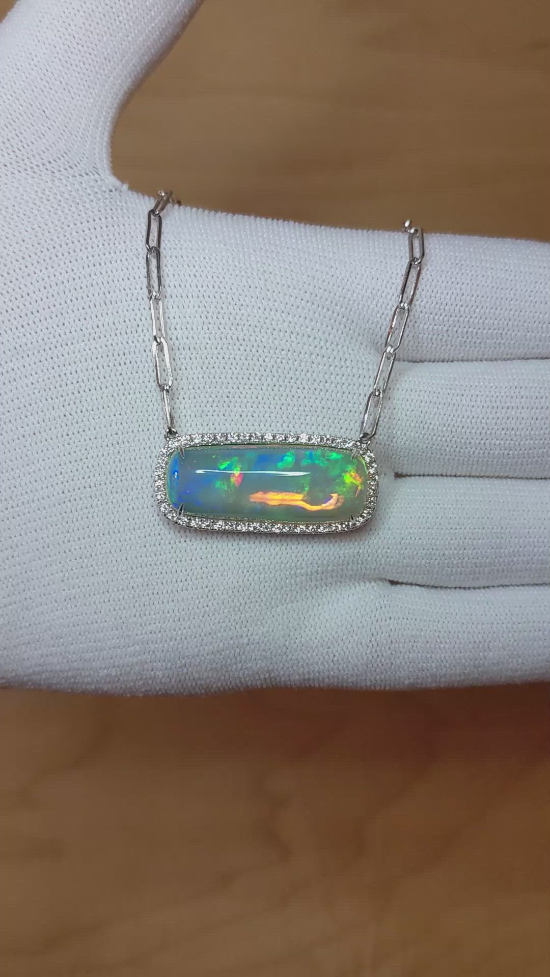 11.51 Ct. Multi Color Opal and Natural Diamond Pave Necklace, 14K White Gold Size Video