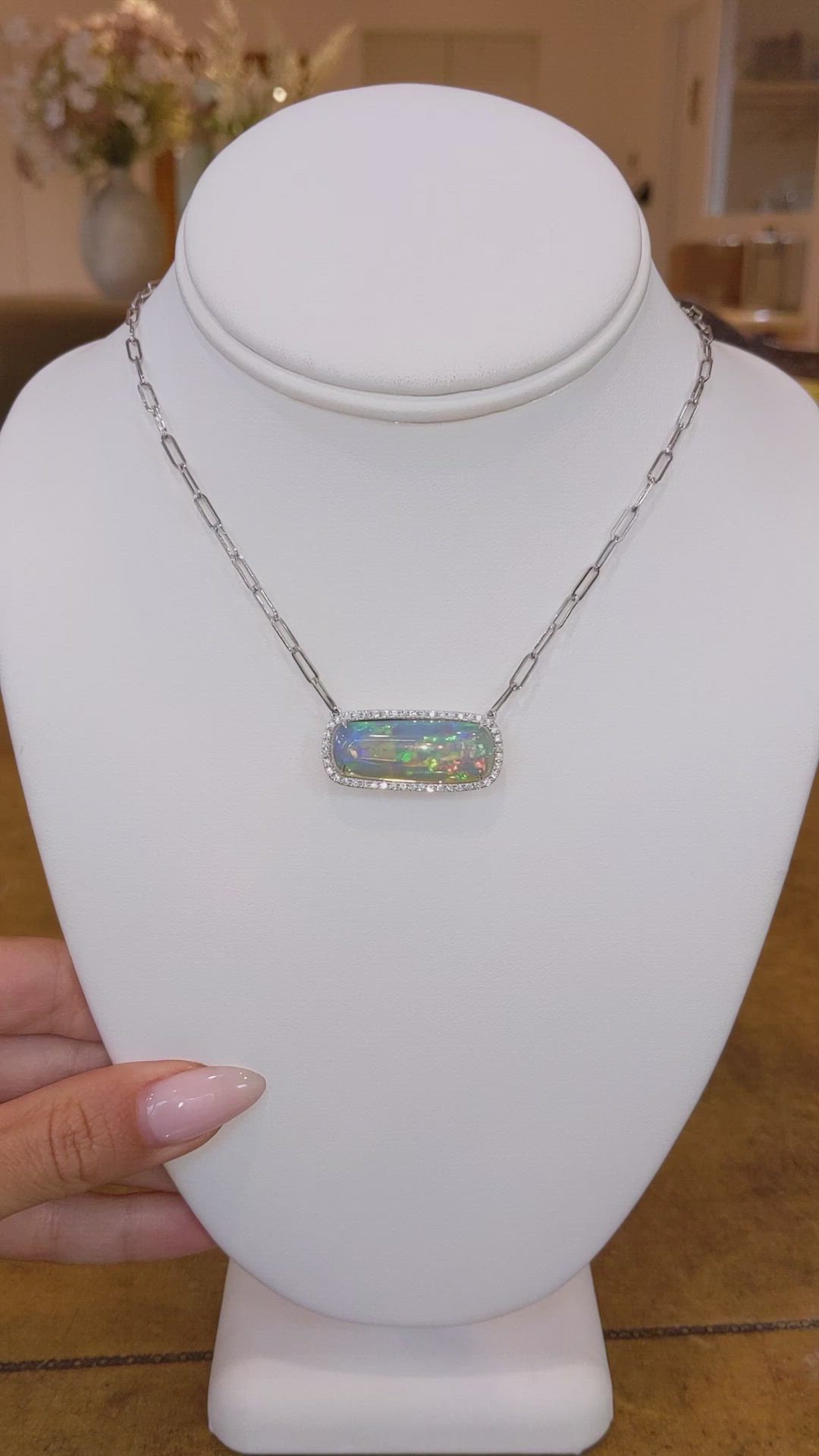 11.51 Ct. Multi Color Opal and Natural Diamond Pave Necklace, 14K White Gold Size Video