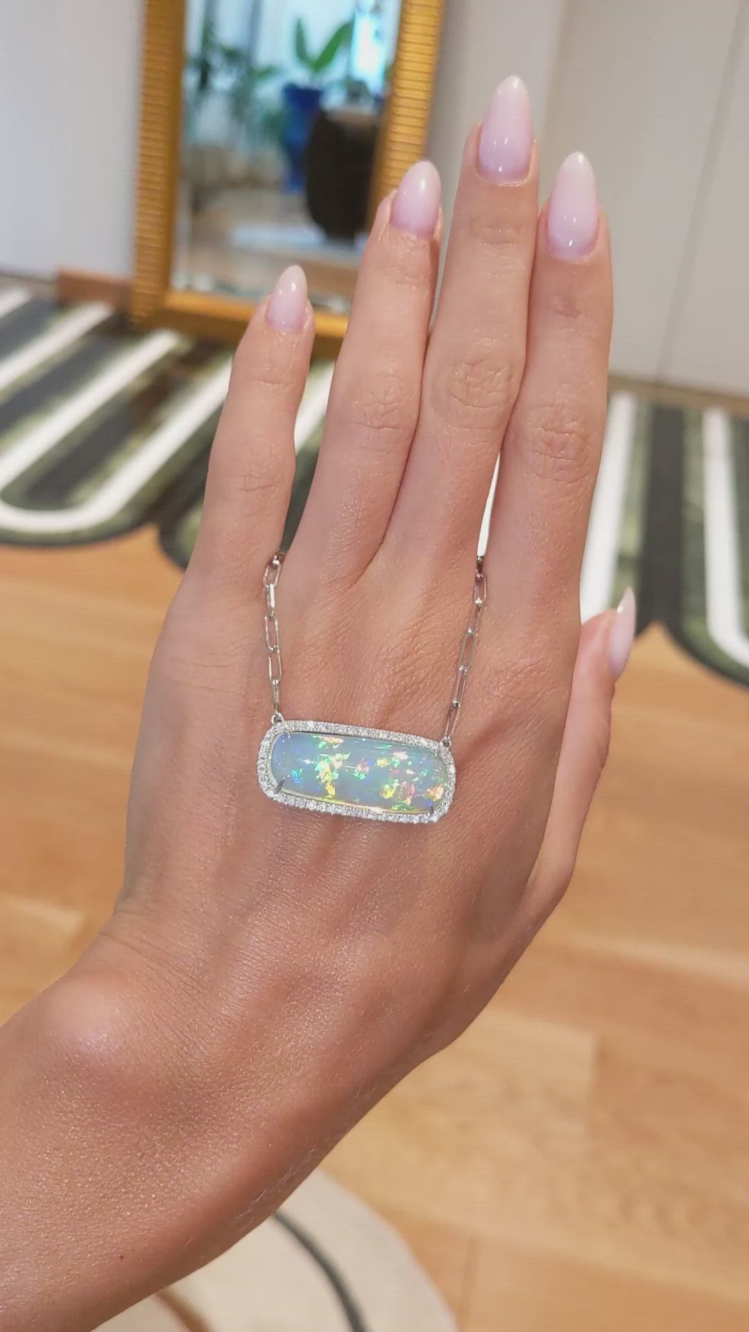 11.51 Ct. Multi Color Opal and Natural Diamond Pave Necklace, 14K White Gold Size Video