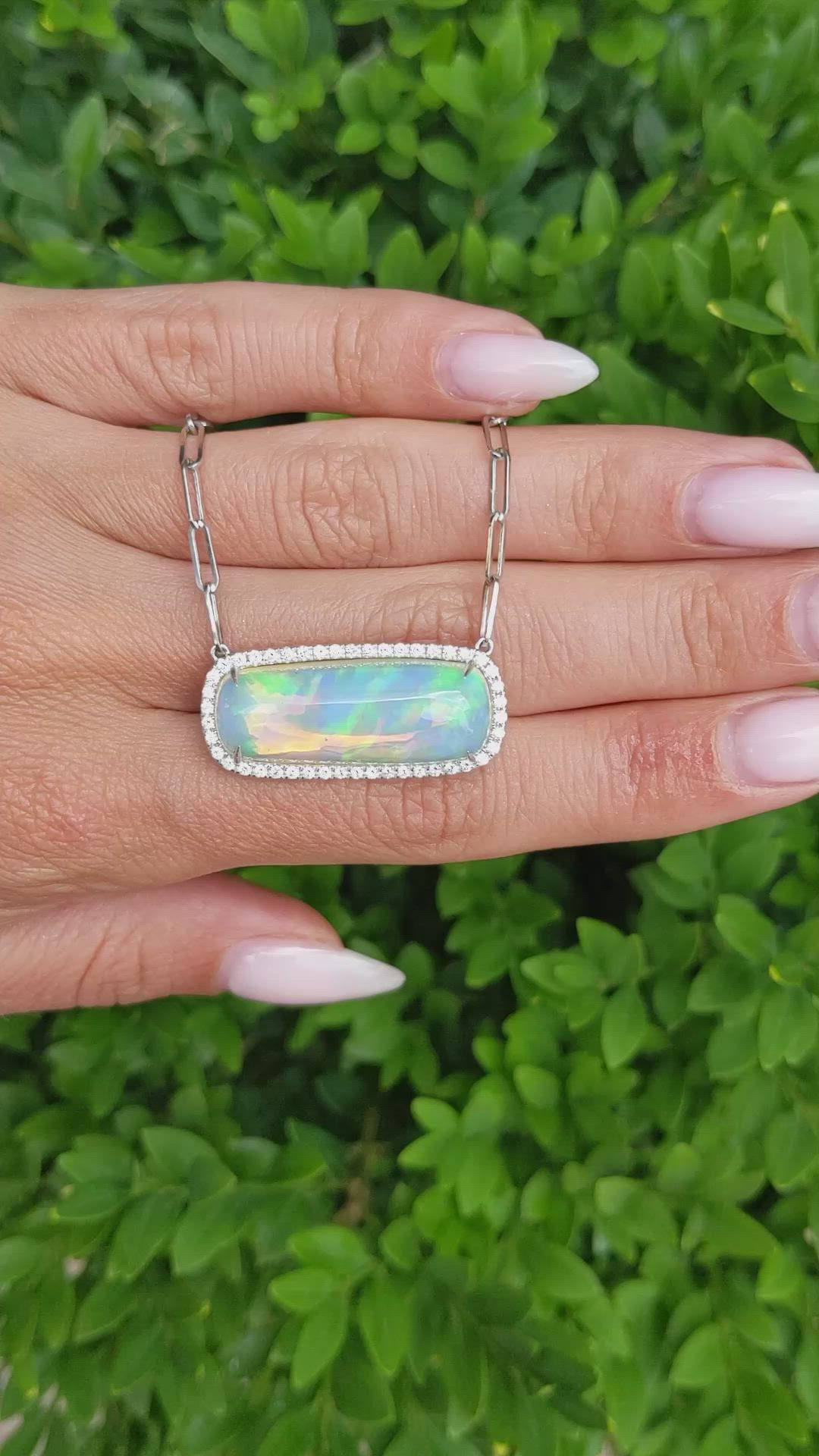 11.51 Ct. Multi Color Opal and Natural Diamond Pave Necklace, 14K White Gold Size Video