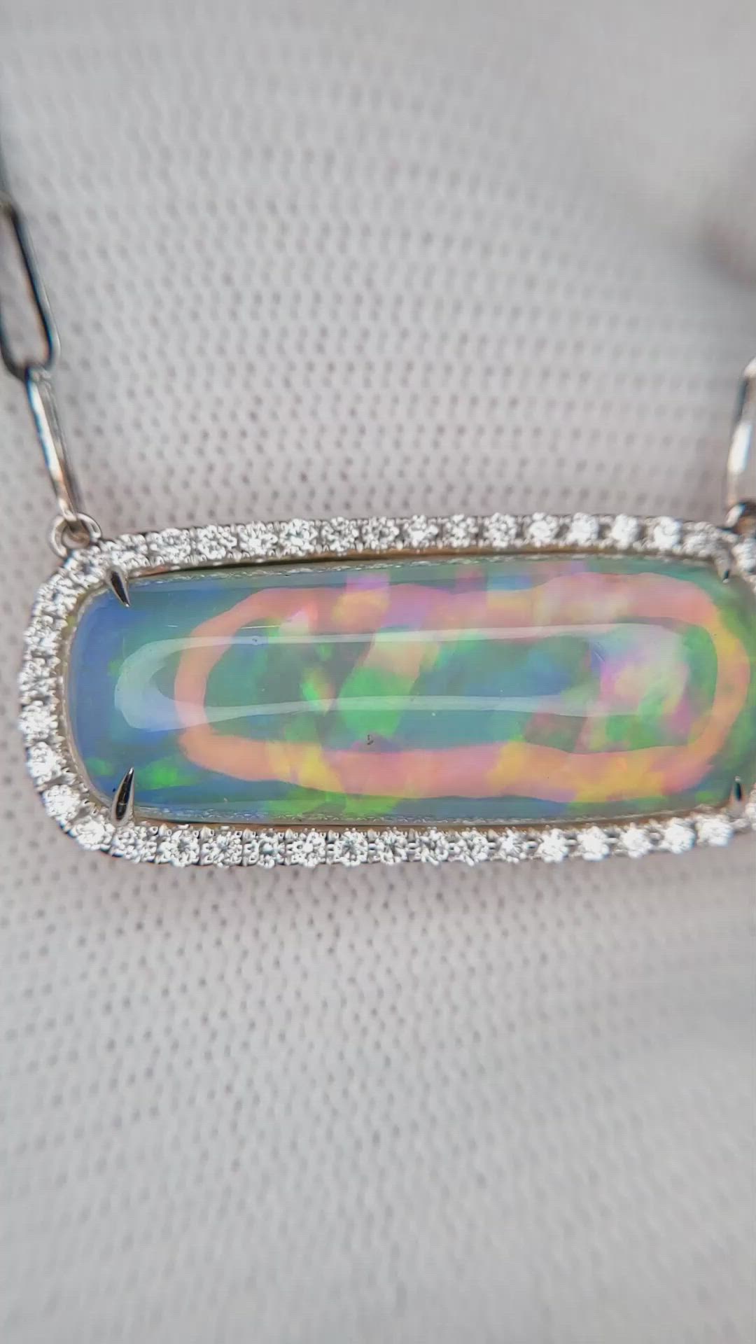 11.51 Ct. Multi Color Opal and Natural Diamond Pave Necklace, 14K White Gold Size Video