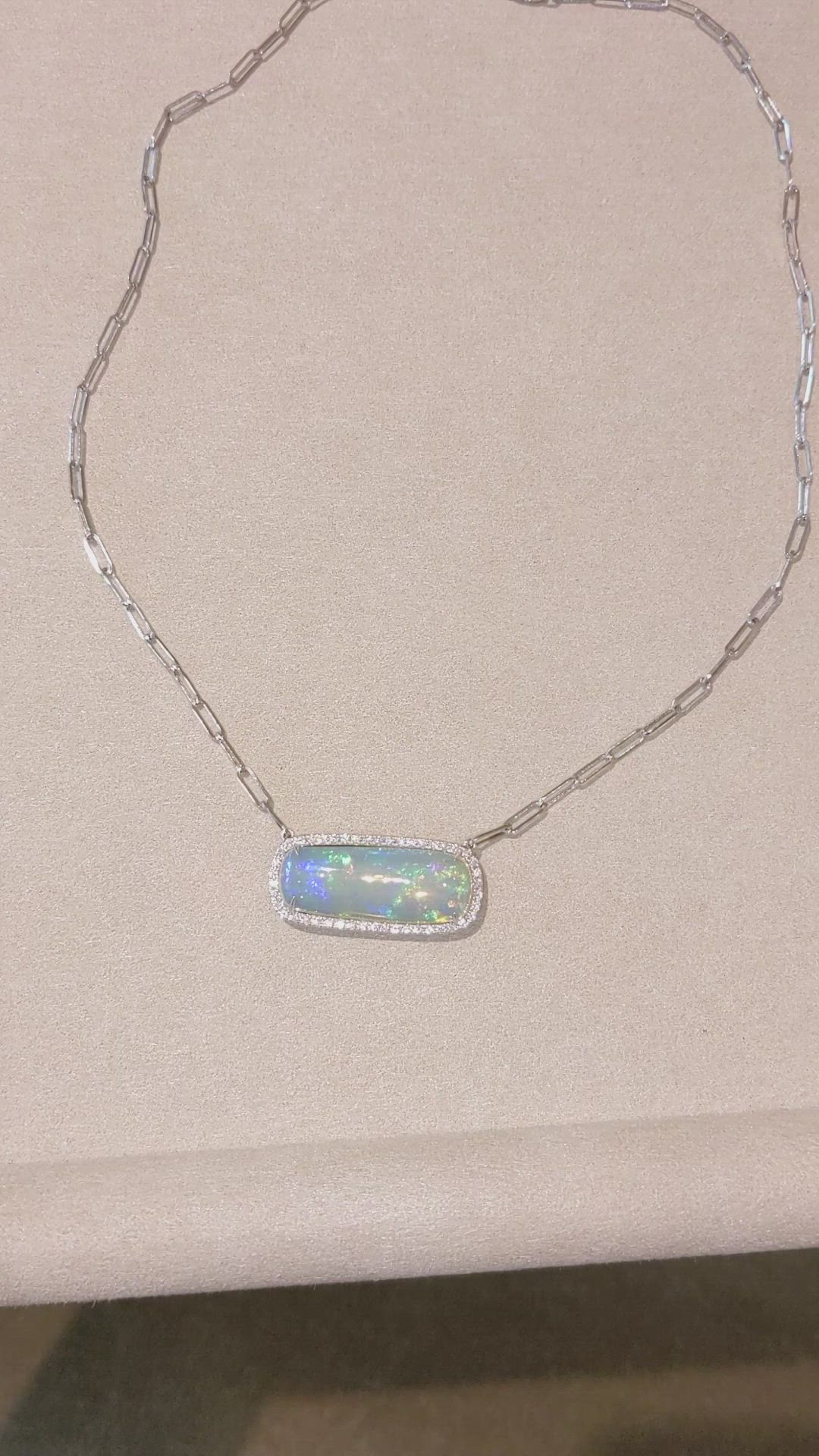 11.51 Ct. Multi Color Opal and Natural Diamond Pave Necklace, 14K White Gold Size Video