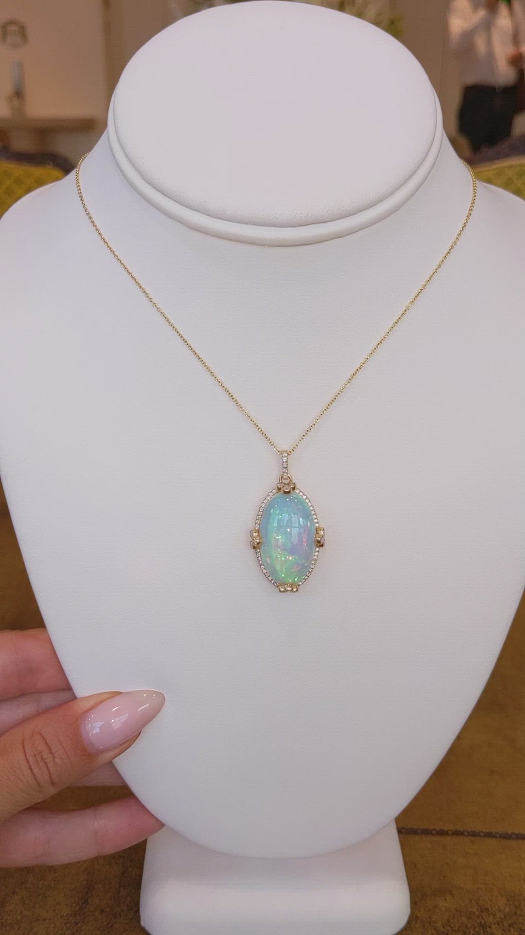 14.65 Ct. Multi Color Opal and Natural Diamond Pave Pendant, 14K Yellow Gold Size Video
