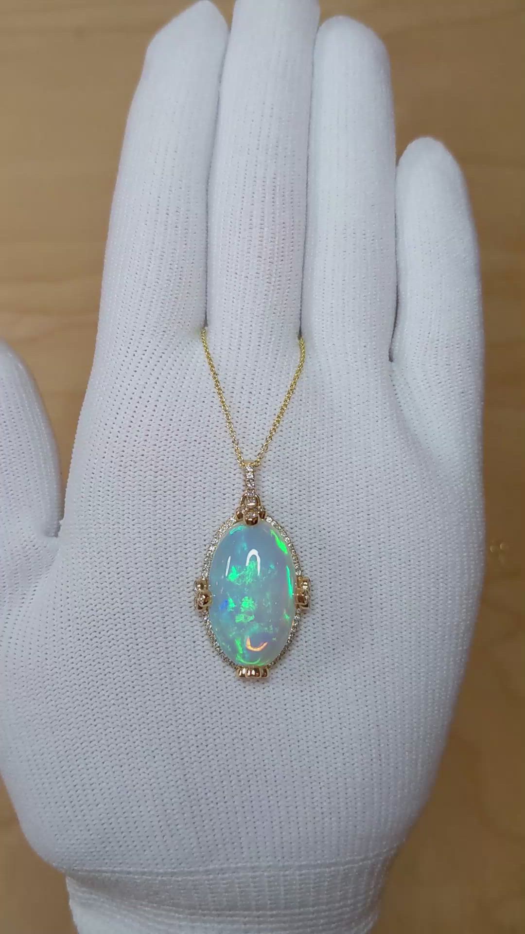 14.65 Ct. Multi Color Opal and Natural Diamond Pave Pendant, 14K Yellow Gold Size Video