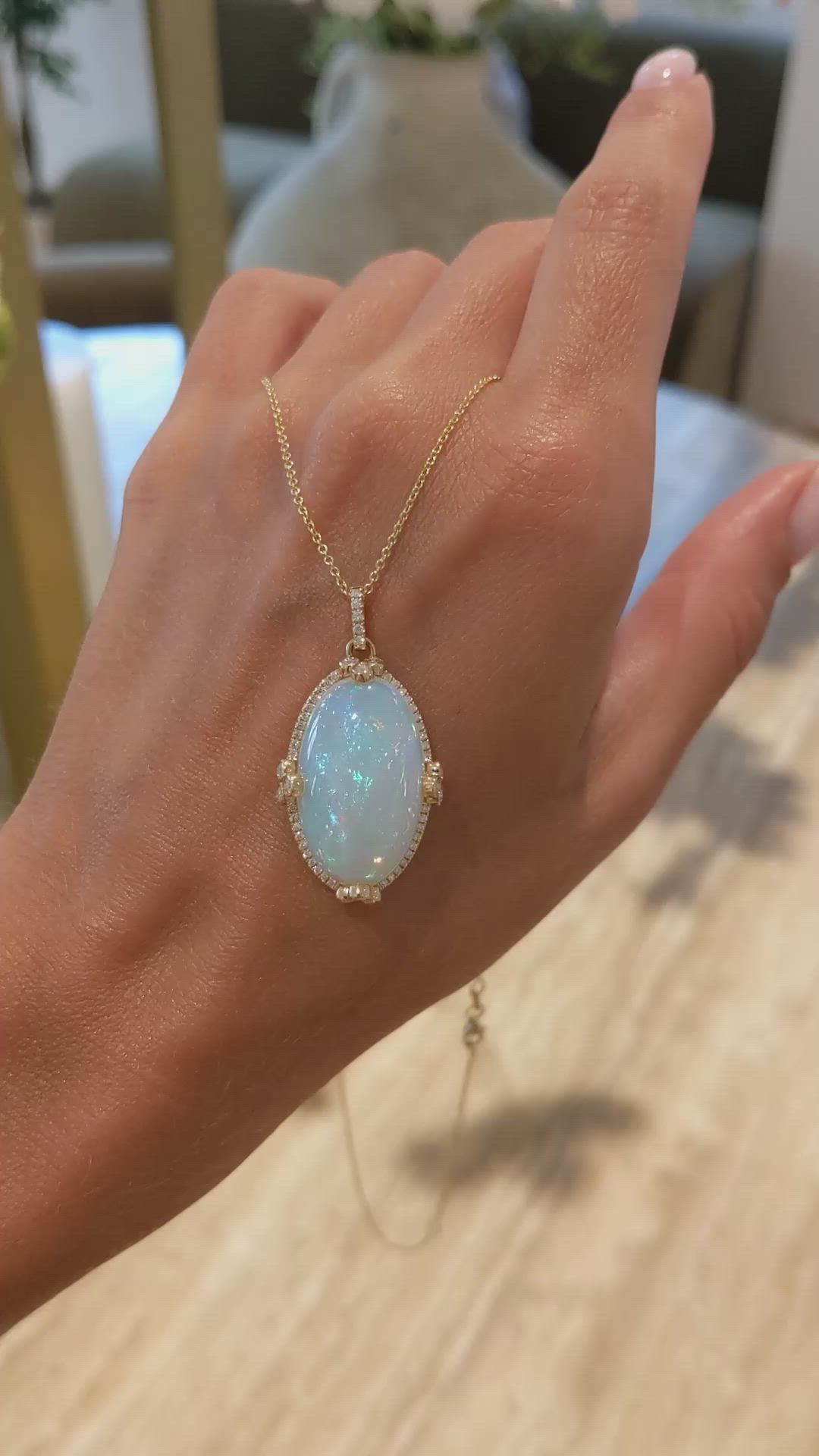 14.65 Ct. Multi Color Opal and Natural Diamond Pave Pendant, 14K Yellow Gold Size Video