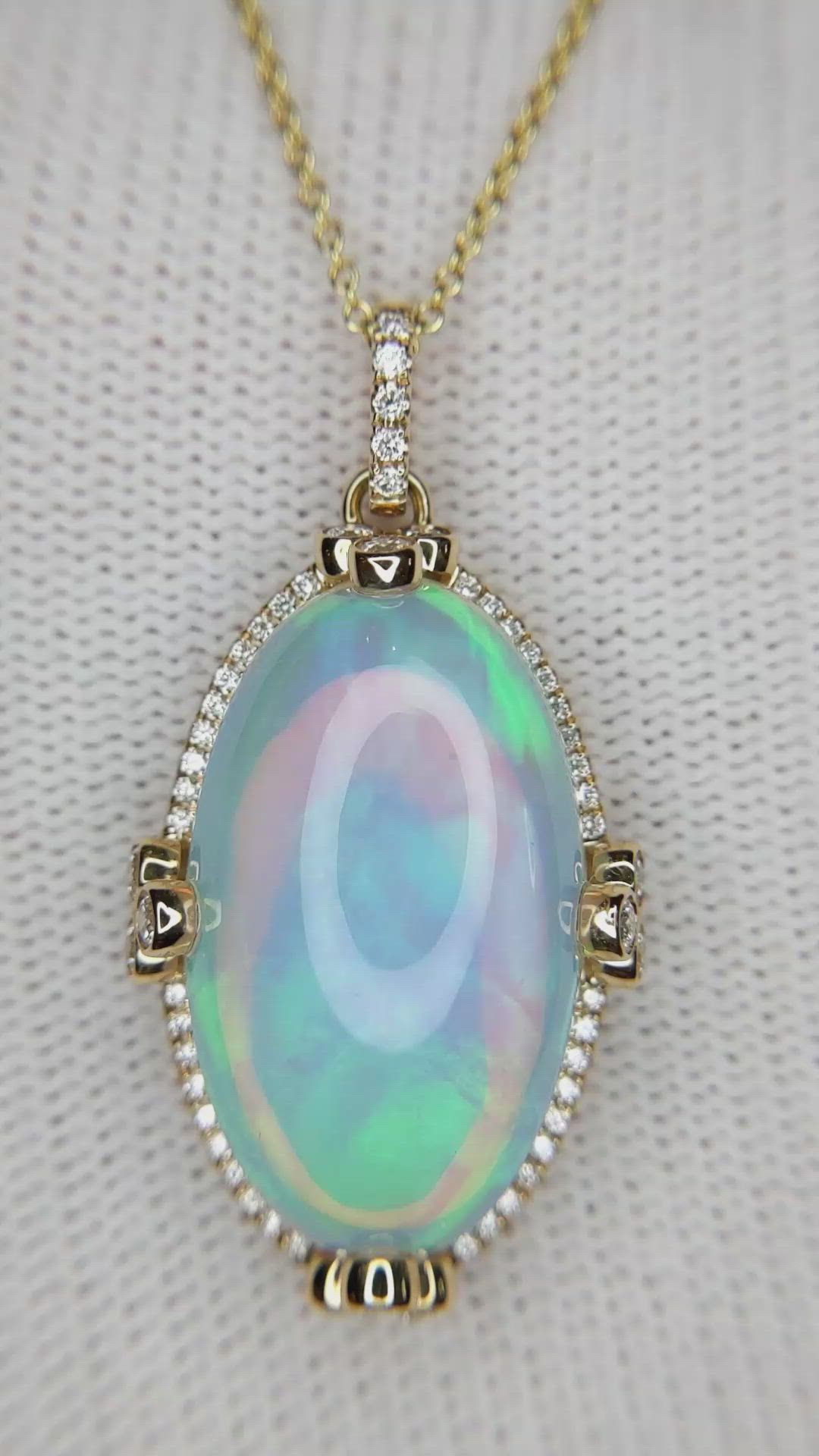 14.65 Ct. Multi Color Opal and Natural Diamond Pave Pendant, 14K Yellow Gold Size Video