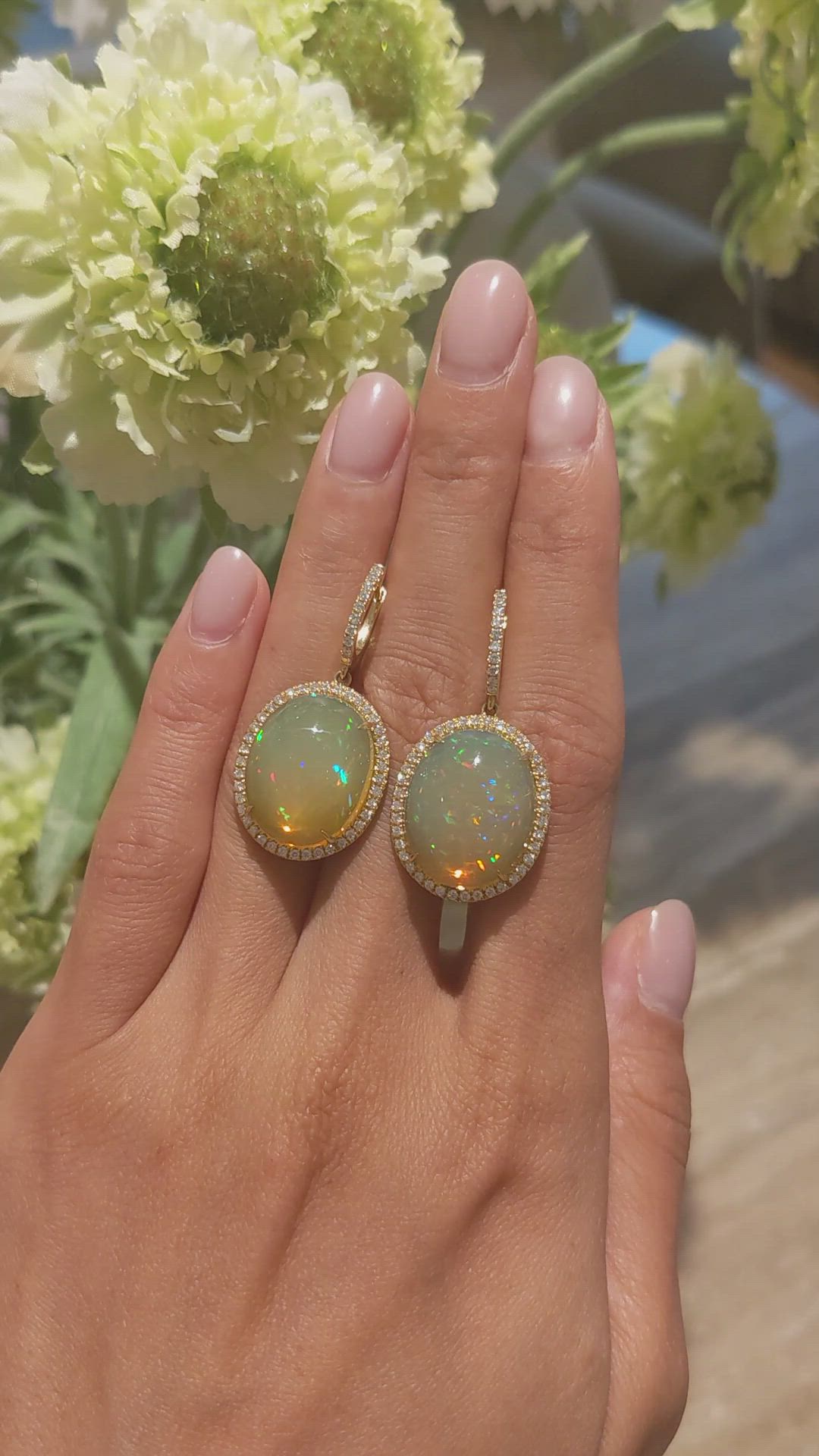 18.56 Ct.Tw.Total Carat Weight Multi Color Opal and Natural Diamond Pave Earrings, 18K Yellow Gold Size Video