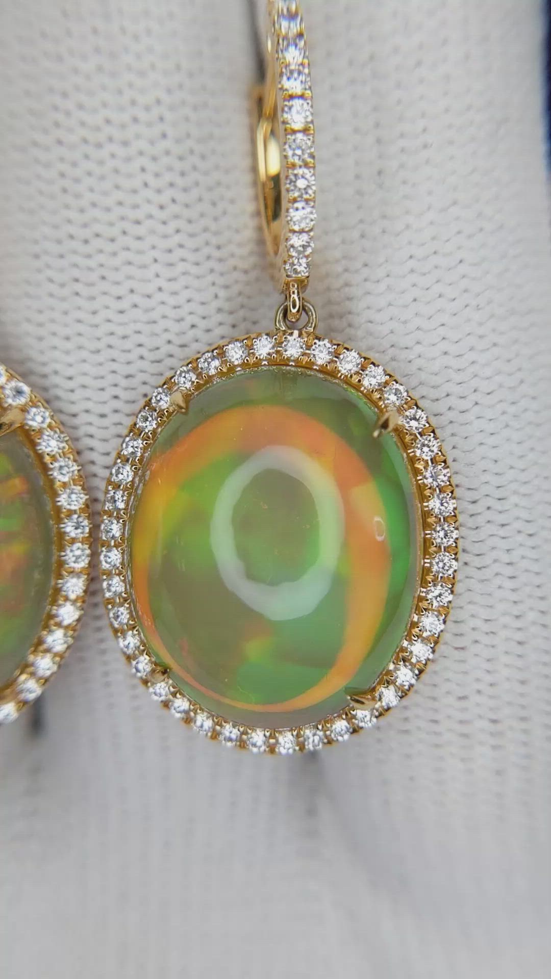 18.56 Ct.Tw.Total Carat Weight Multi Color Opal and Natural Diamond Pave Earrings, 18K Yellow Gold Size Video
