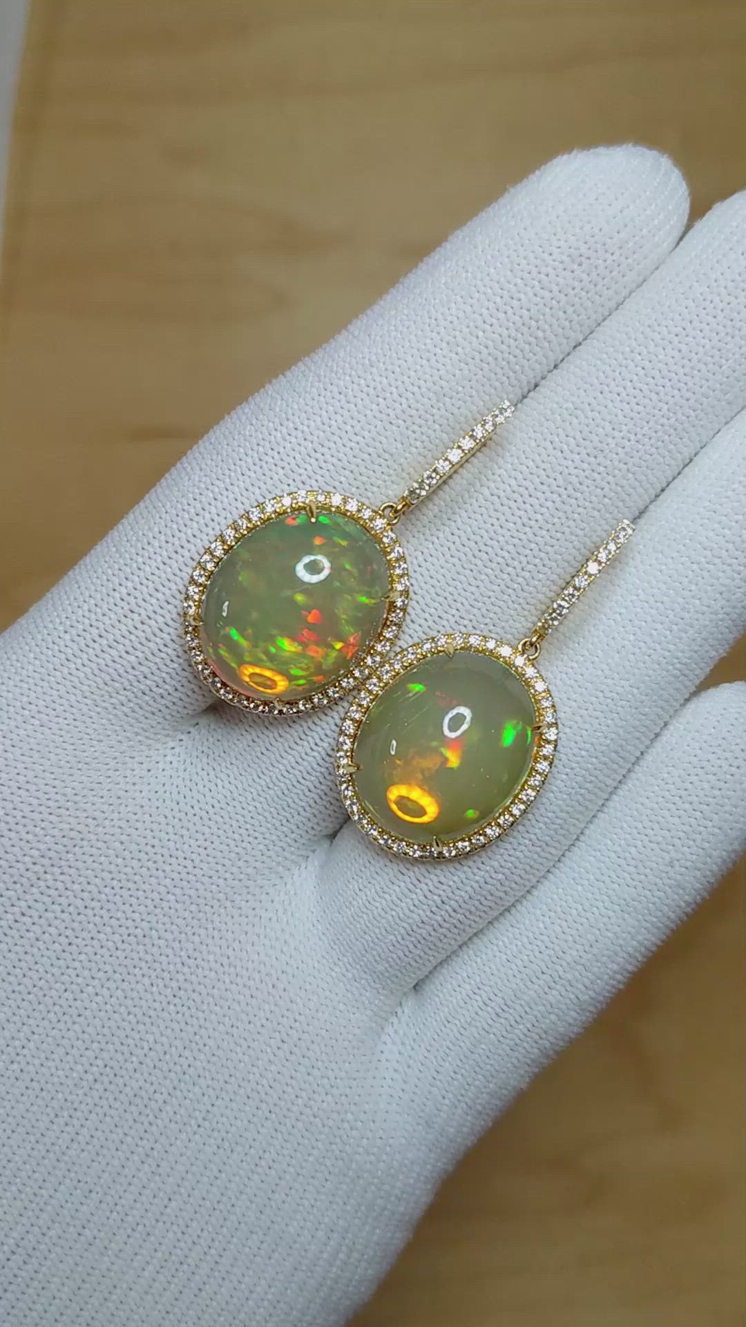 18.56 Ct.Tw.Total Carat Weight Multi Color Opal and Natural Diamond Pave Earrings, 18K Yellow Gold Size Video