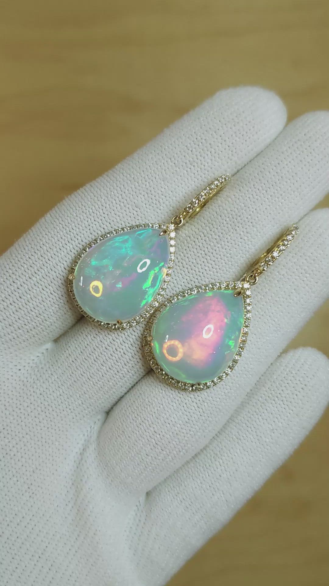 23.54 Ct.Tw.Total Carat Weight Multi Color Opal and Natural Diamond Pave Earrings, 14K Yellow Gold Size Video