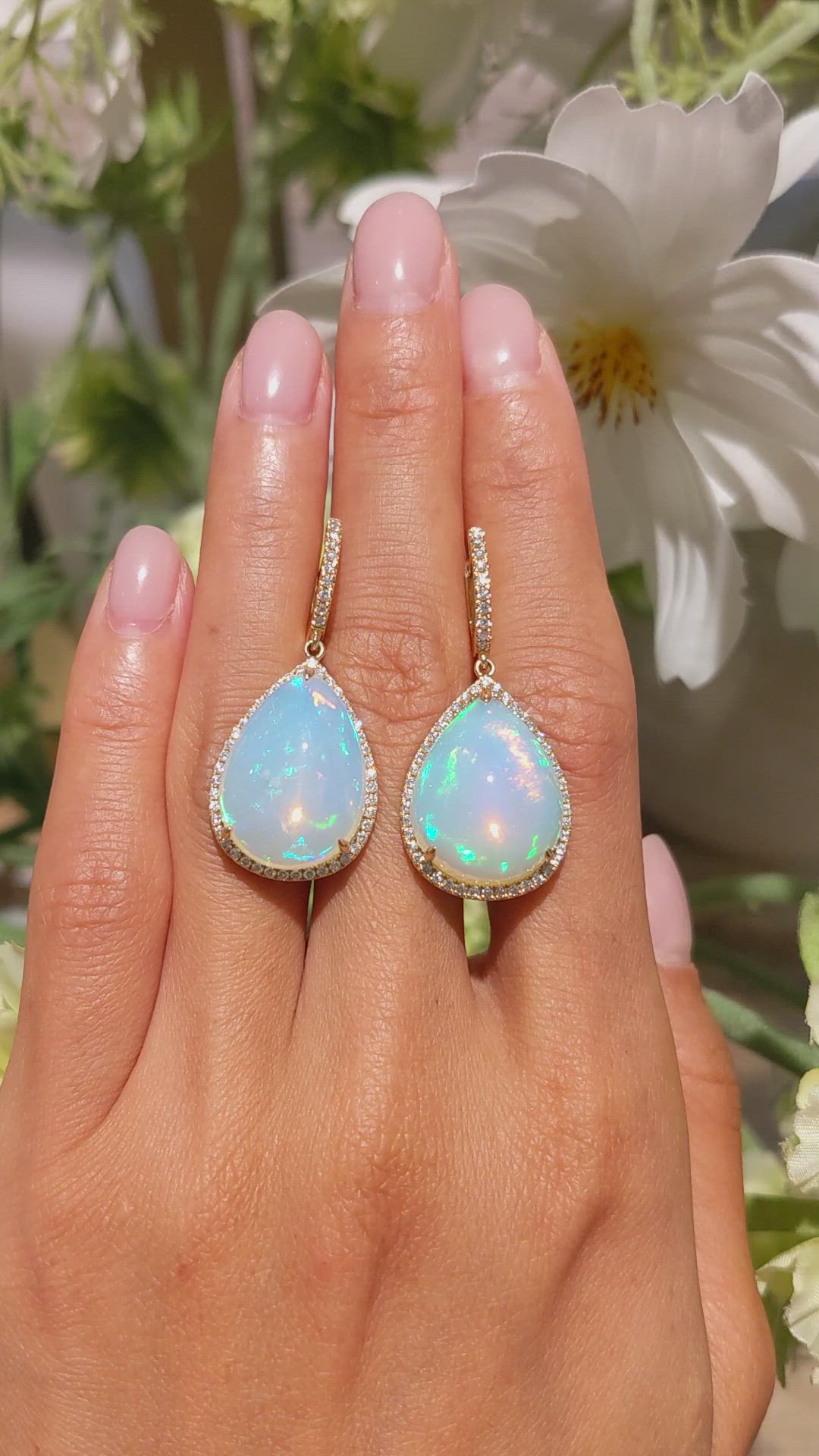 23.54 Ct.Tw.Total Carat Weight Multi Color Opal and Natural Diamond Pave Earrings, 14K Yellow Gold Size Video