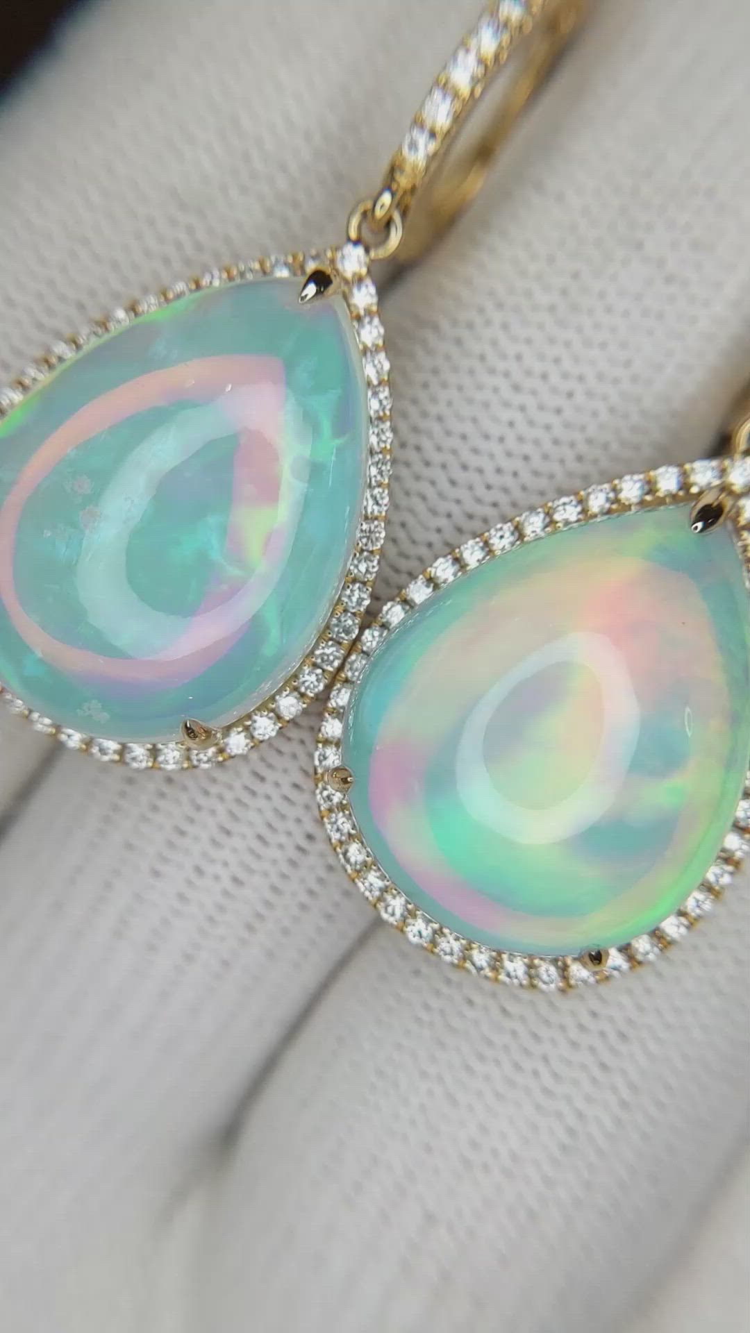 23.54 Ct.Tw.Total Carat Weight Multi Color Opal and Natural Diamond Pave Earrings, 14K Yellow Gold Size Video