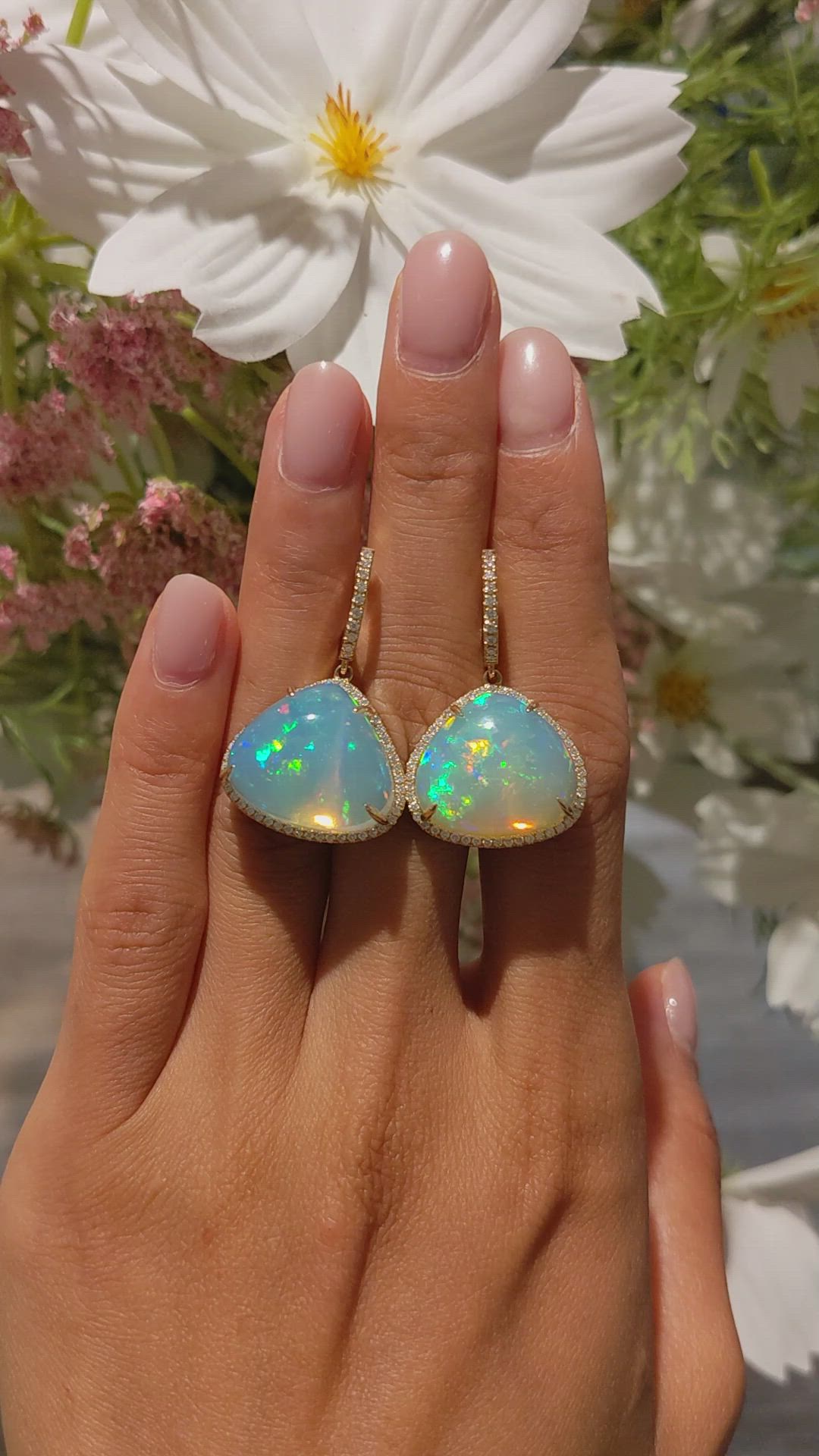 25.38&nbsp;Ct.Tw.Total Carat Weight Multi Color Opal and Natural Diamond Pave Earrings, 14K Yellow Gold Size Video