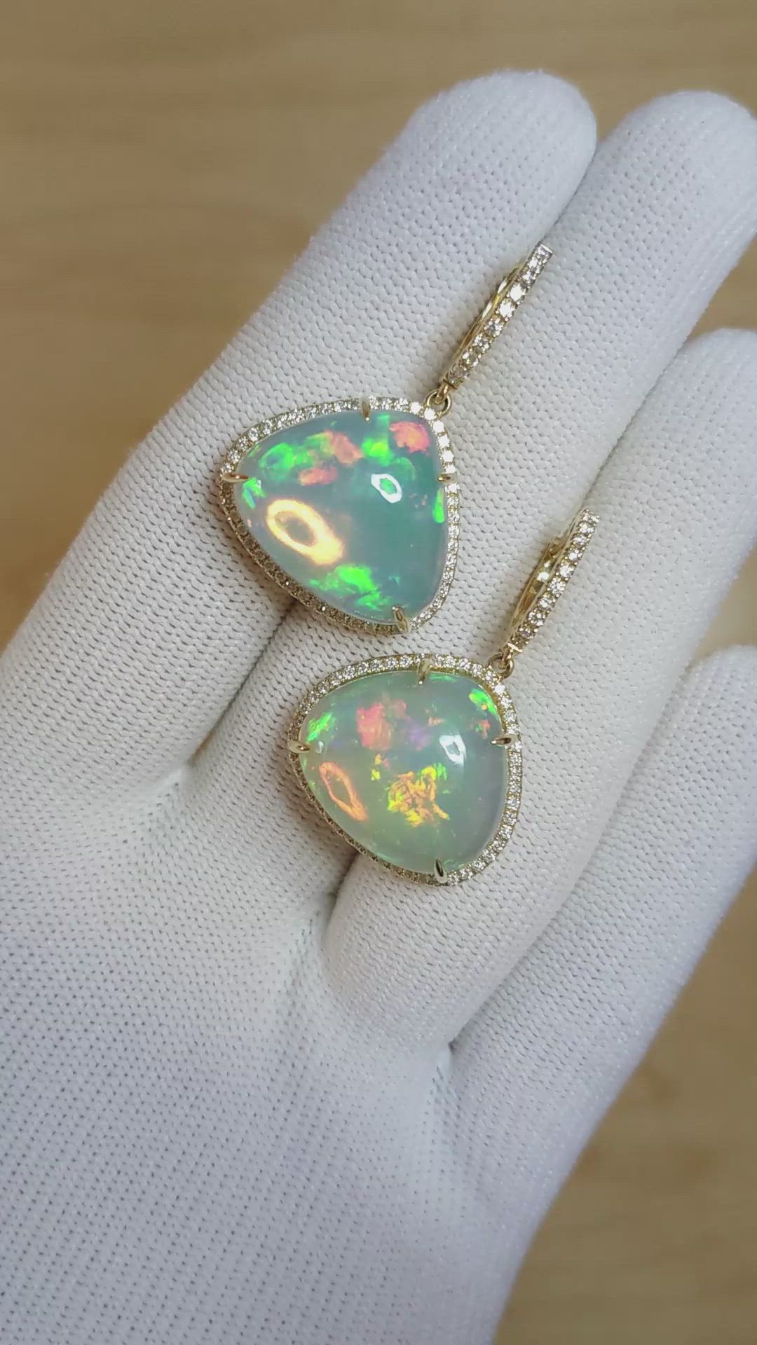 25.38&nbsp;Ct.Tw.Total Carat Weight Multi Color Opal and Natural Diamond Pave Earrings, 14K Yellow Gold Size Video