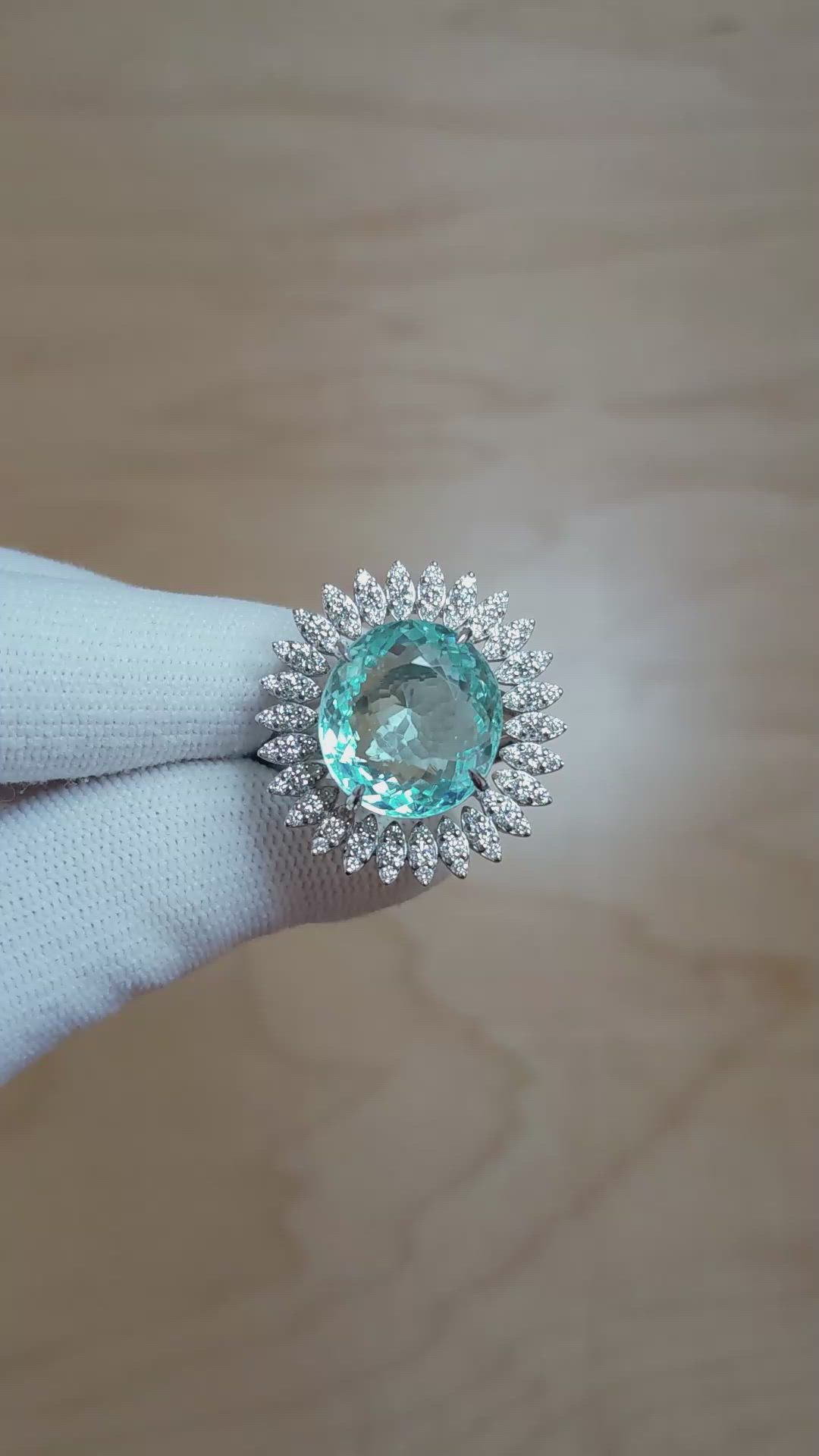 12.55 Ct. Greenish Blue Paraiba Tourmaline and Natural Diamond Pave Ring, 18K White Gold Size Video