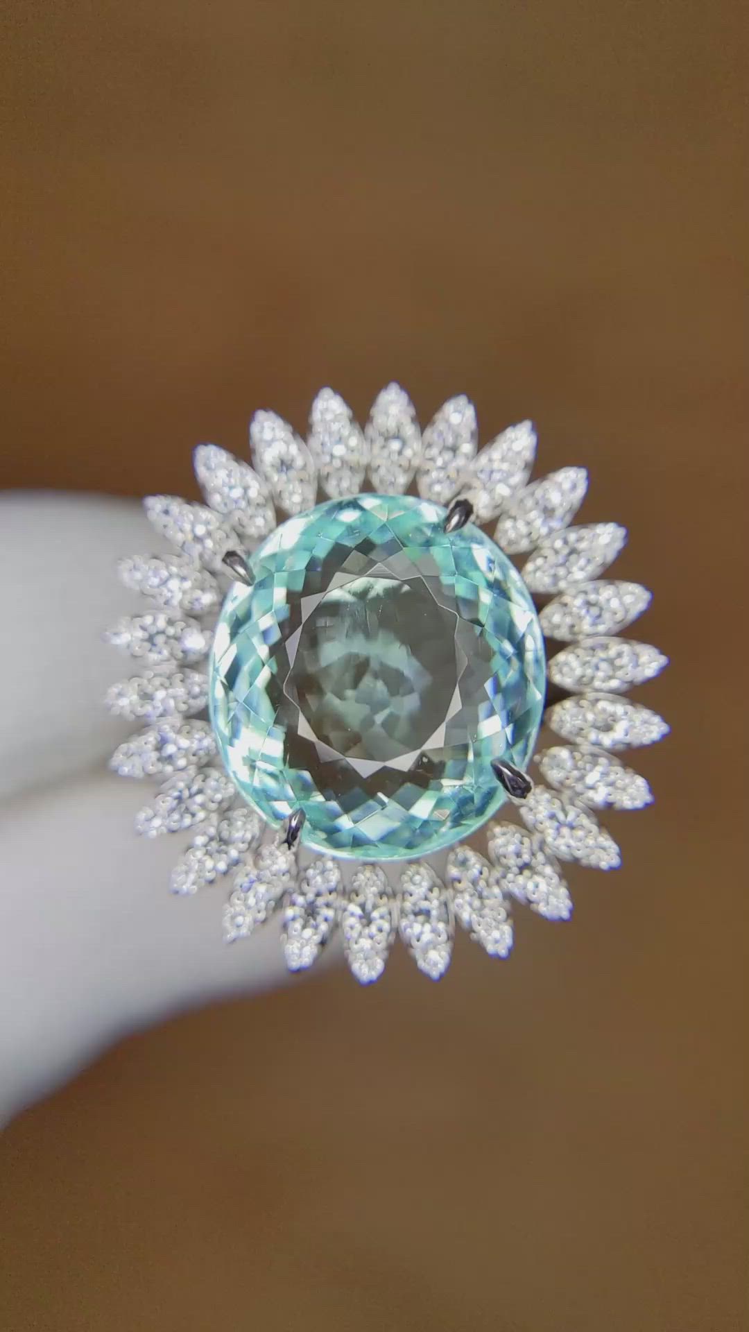 12.55 Ct. Greenish Blue Paraiba Tourmaline and Natural Diamond Pave Ring, 18K White Gold Size Video