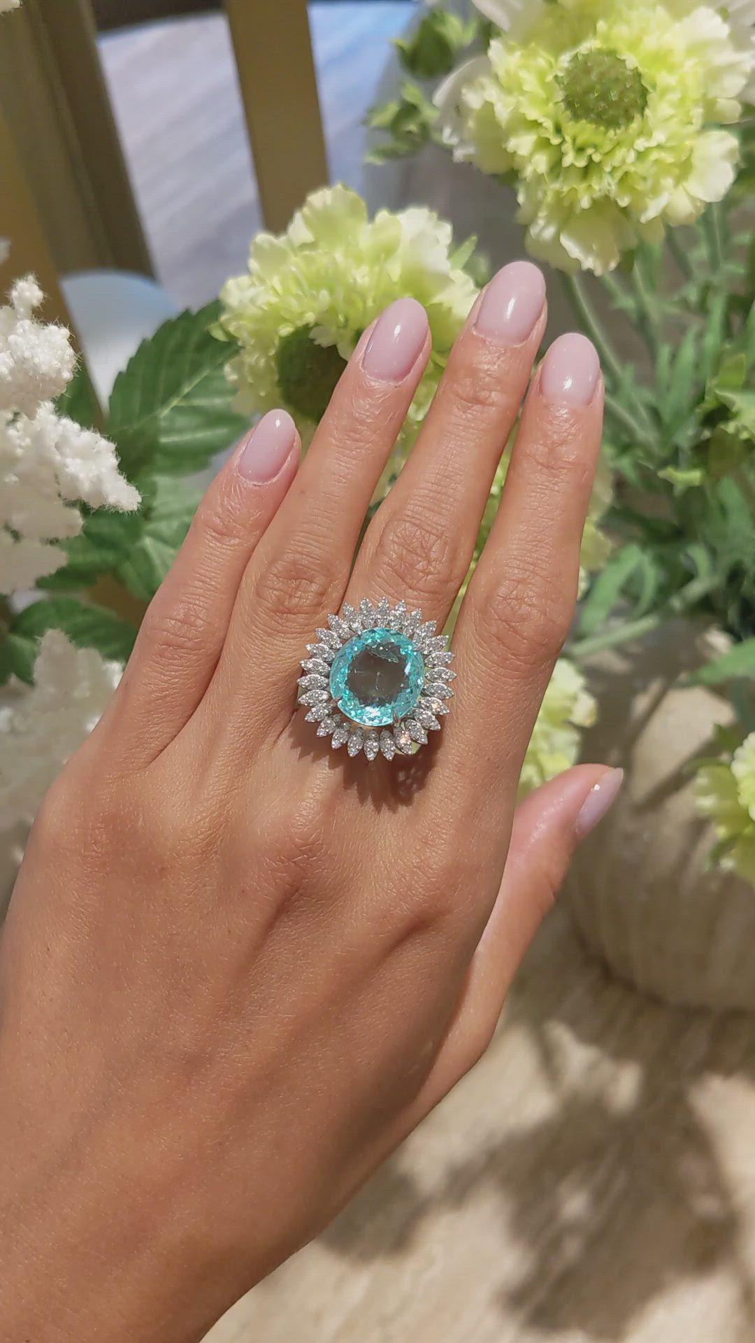 12.55 Ct. Greenish Blue Paraiba Tourmaline and Natural Diamond Pave Ring, 18K White Gold Size Video
