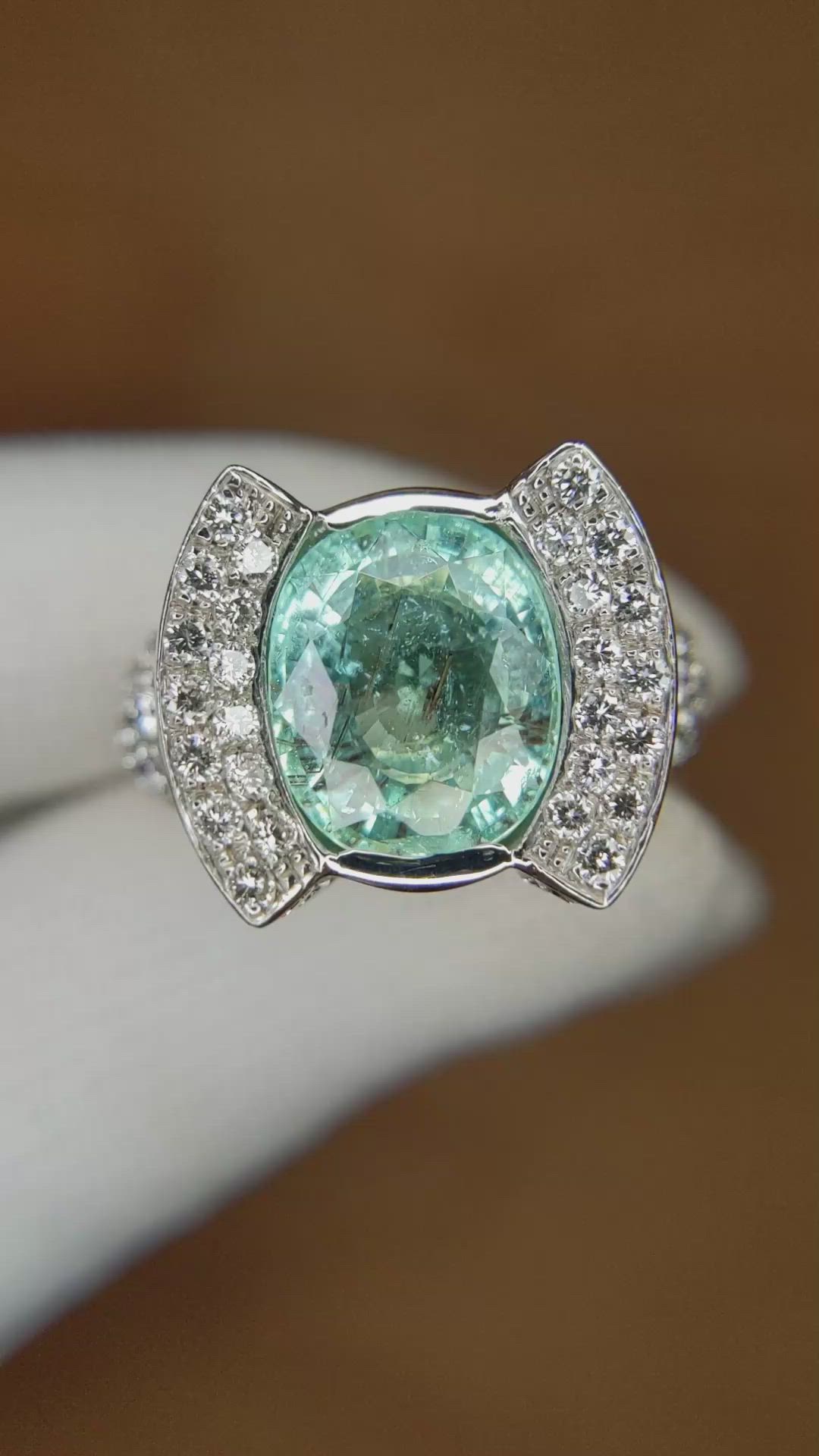 3.90 Ct. Greenish Blue Paraiba Tourmaline and Natural Diamond Antique Style Ring, 18K White Gold Size Video