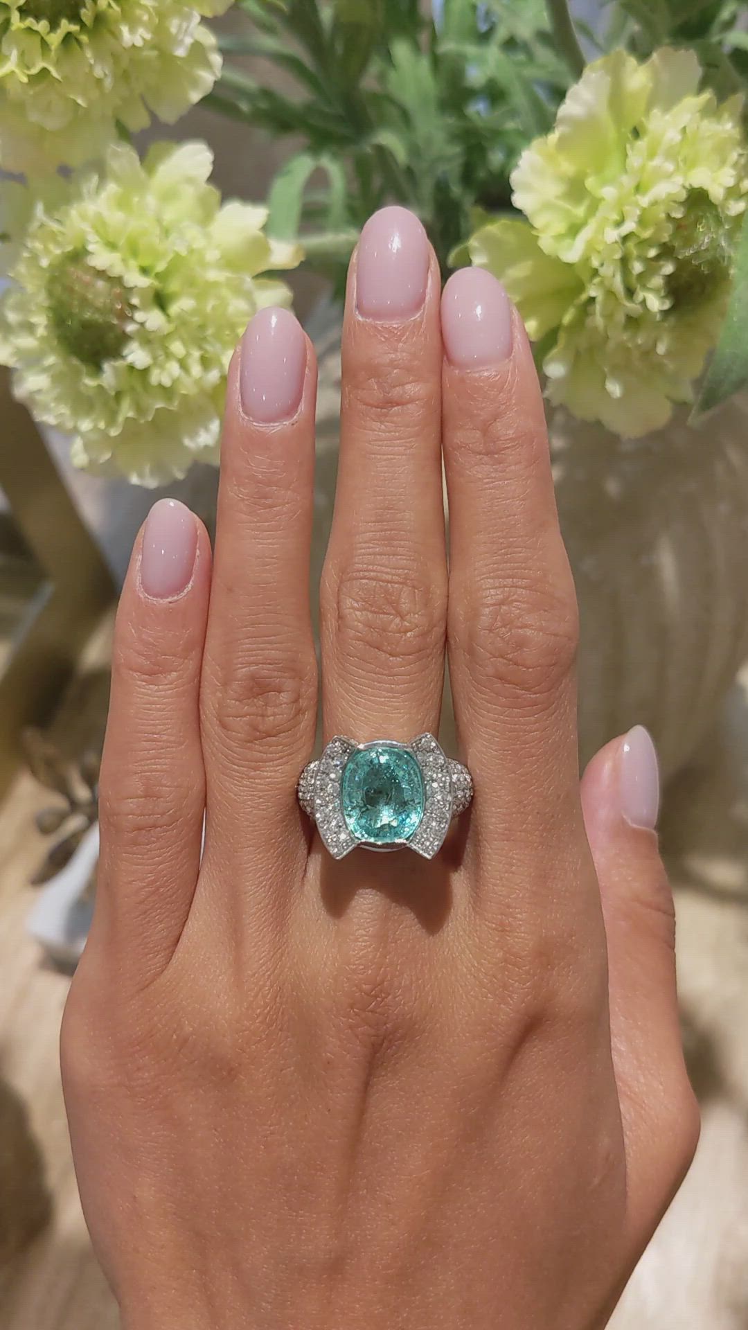 3.90 Ct. Greenish Blue Paraiba Tourmaline and Natural Diamond Antique Style Ring, 18K White Gold Size Video