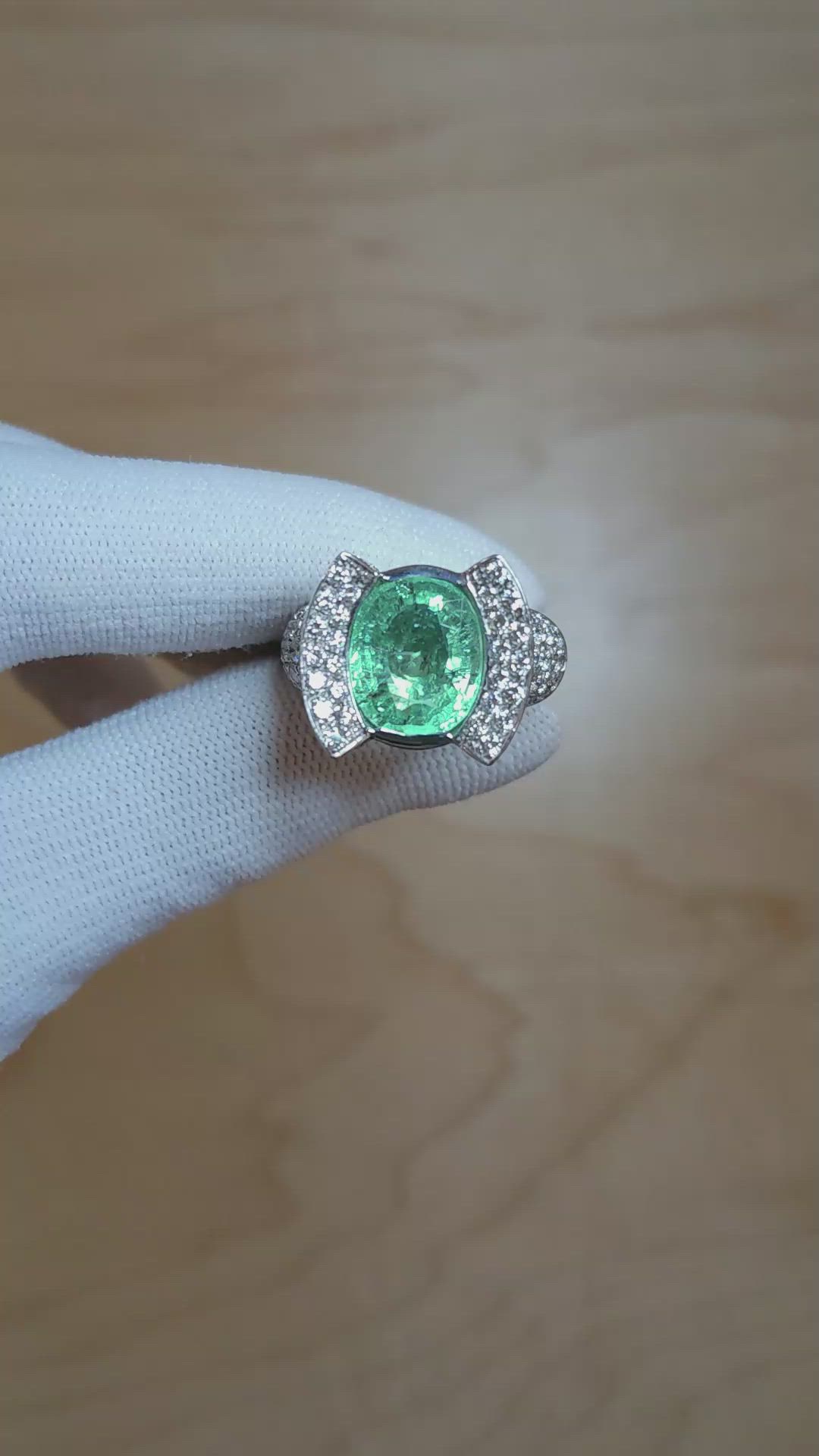 3.90 Ct. Greenish Blue Paraiba Tourmaline and Natural Diamond Antique Style Ring, 18K White Gold Size Video