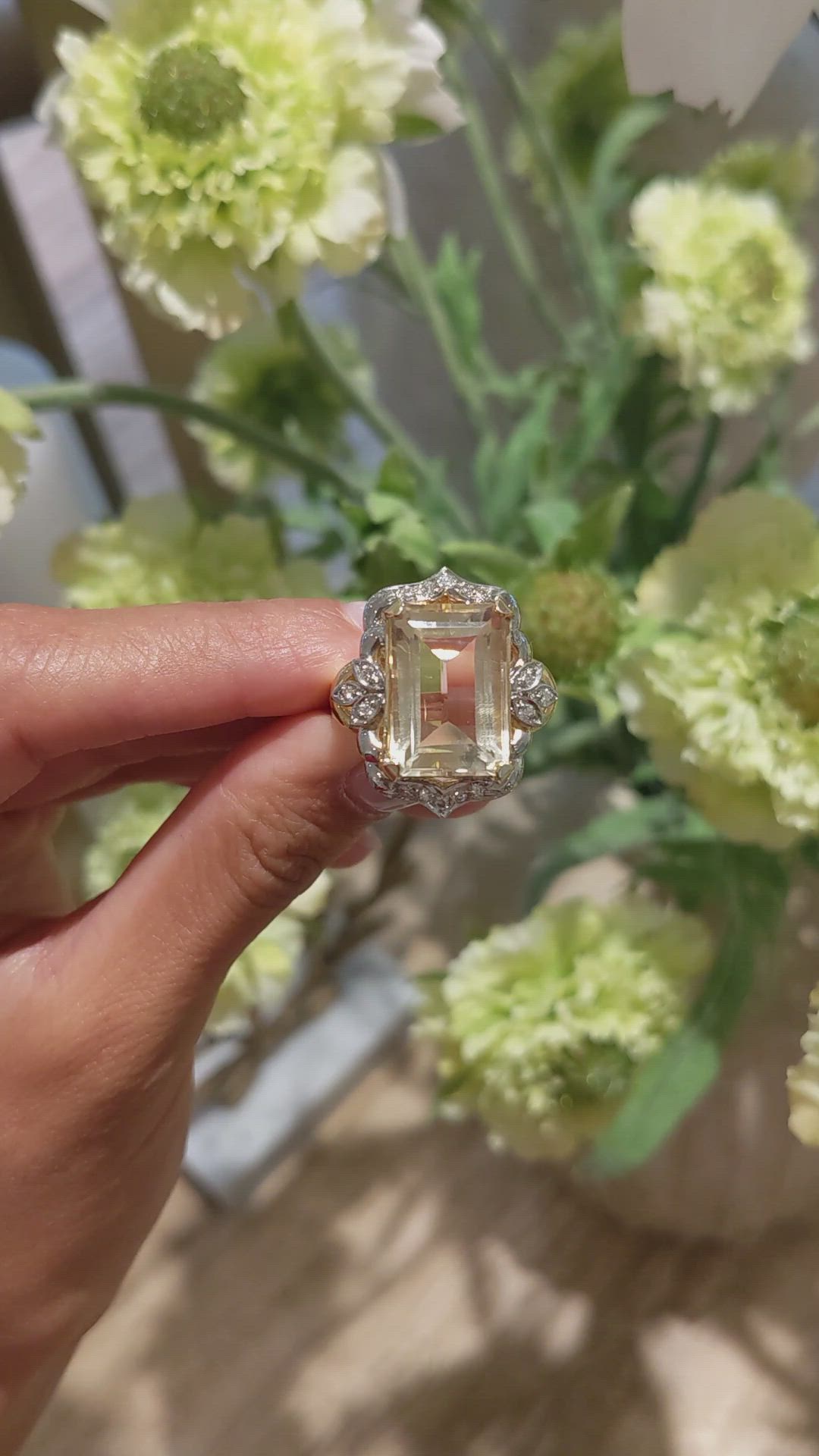 9.95 Ct. Yellow Citrine and Natural Diamond Antique Style Ring, 18K White & Yellow Size Video