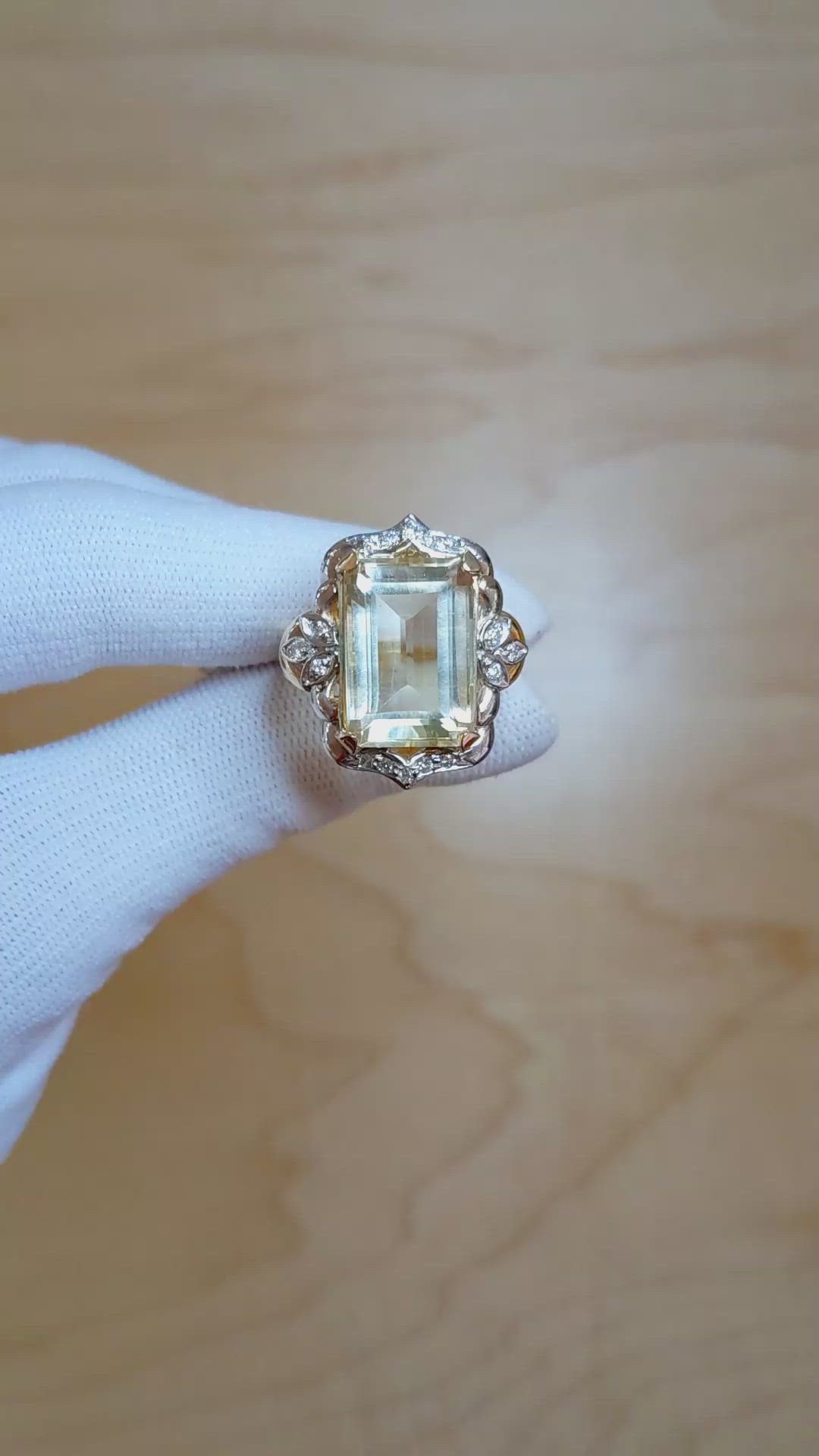 9.95 Ct. Yellow Citrine and Natural Diamond Antique Style Ring, 18K White & Yellow Size Video