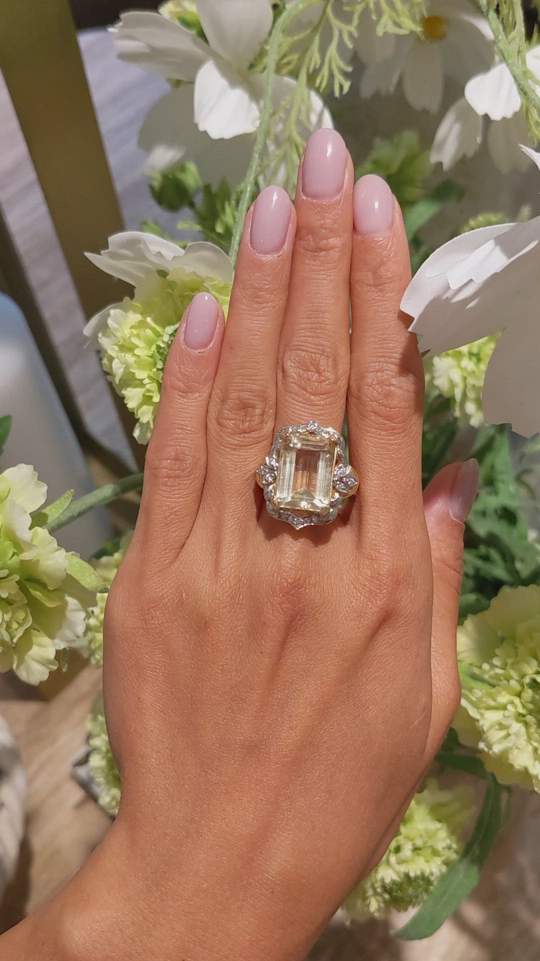 9.95 Ct. Yellow Citrine and Natural Diamond Antique Style Ring, 18K White & Yellow Size Video