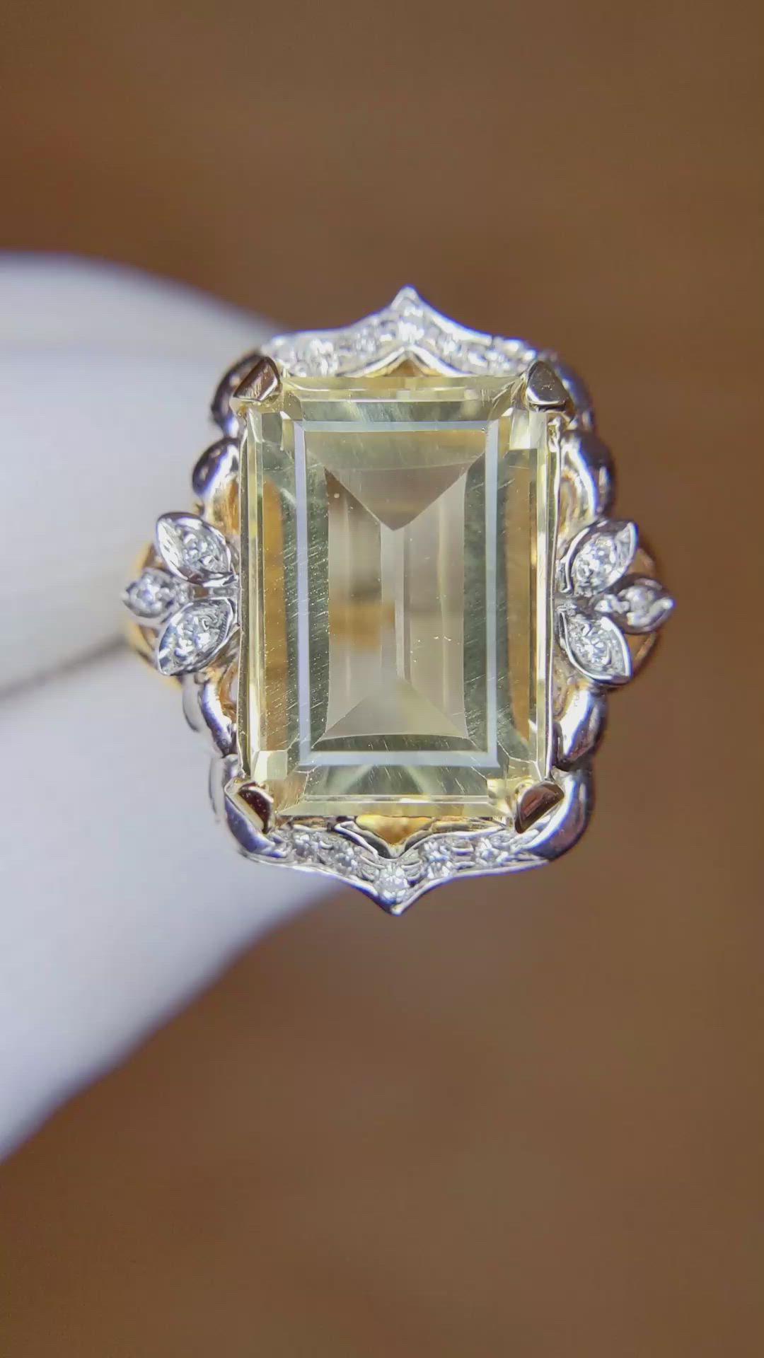 9.95 Ct. Yellow Citrine and Natural Diamond Antique Style Ring, 18K White & Yellow Size Video