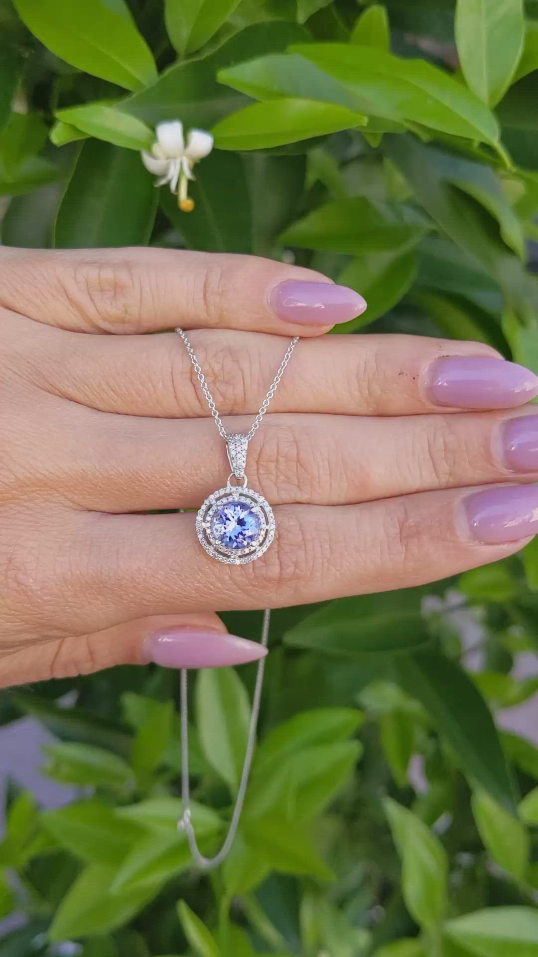 1.26 Ct. Violet Tanzanite and Natural Diamond Pave Necklace, 14K White Gold Size Video