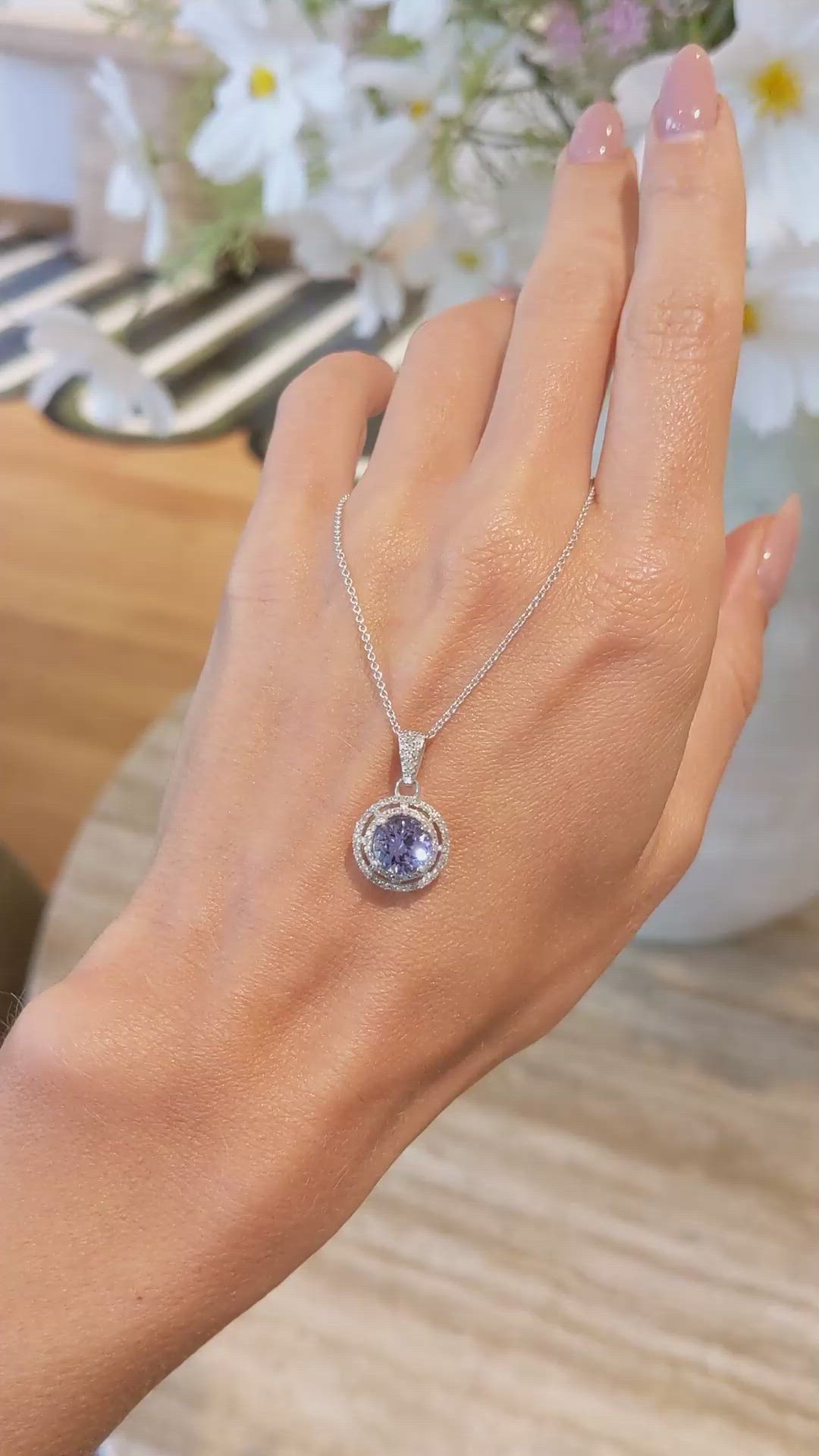 1.26 Ct. Violet Tanzanite and Natural Diamond Pave Necklace, 14K White Gold Size Video