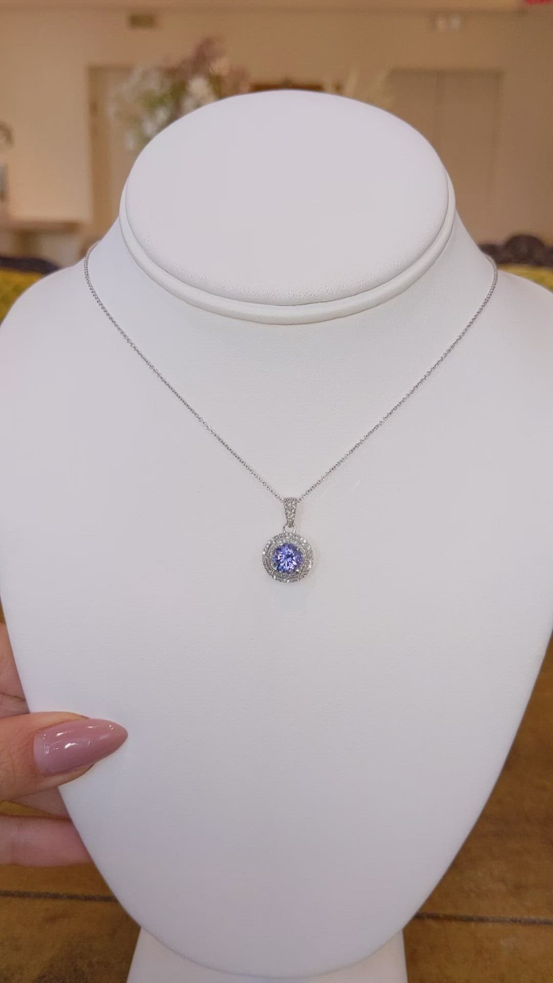 1.26 Ct. Violet Tanzanite and Natural Diamond Pave Necklace, 14K White Gold Size Video
