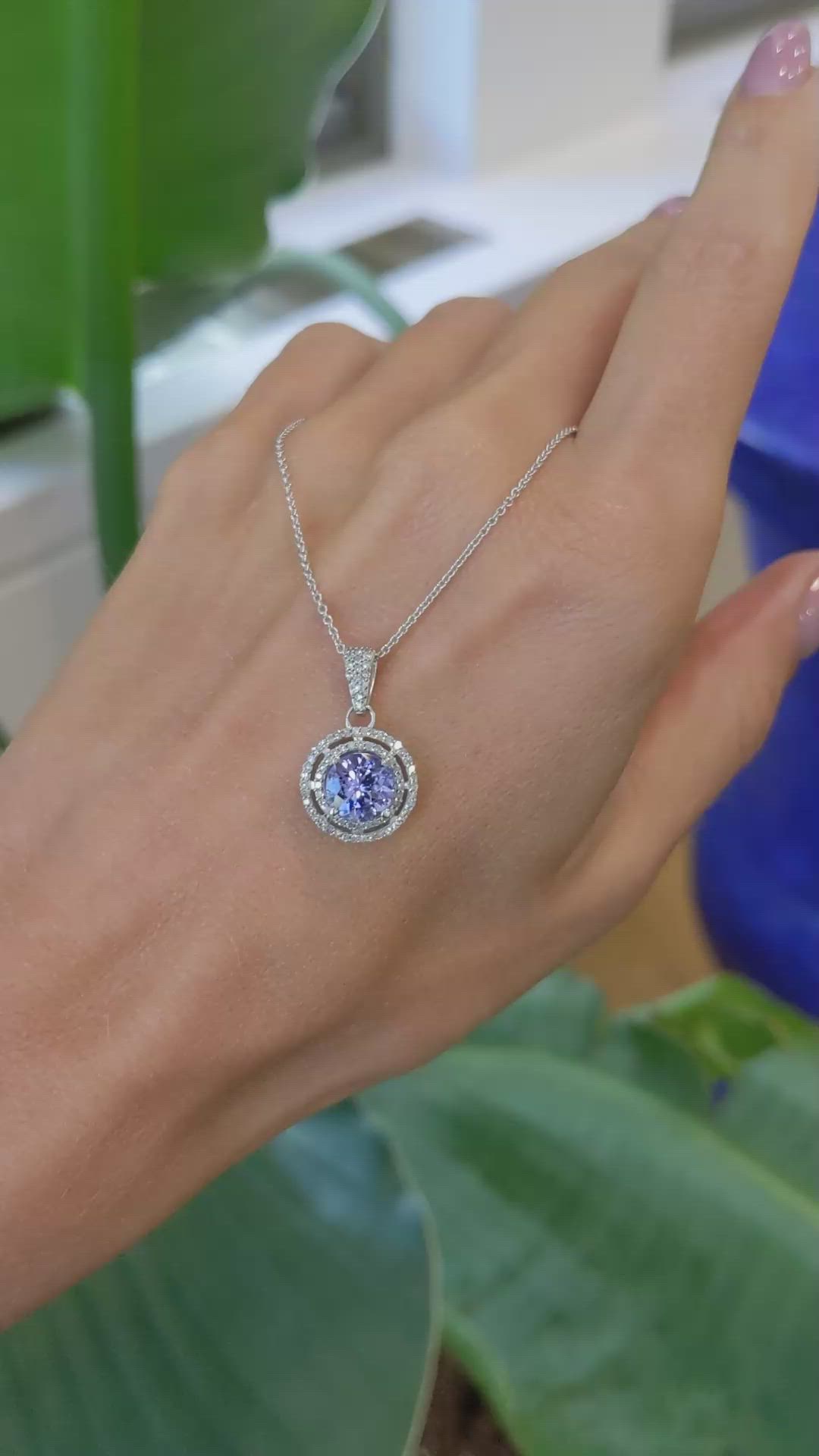 1.26 Ct. Violet Tanzanite and Natural Diamond Pave Necklace, 14K White Gold Size Video