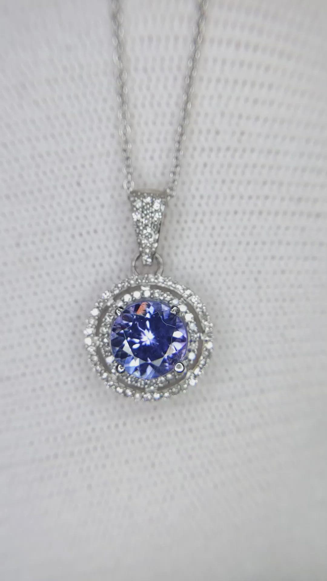 1.26 Ct. Violet Tanzanite and Natural Diamond Pave Necklace, 14K White Gold Size Video