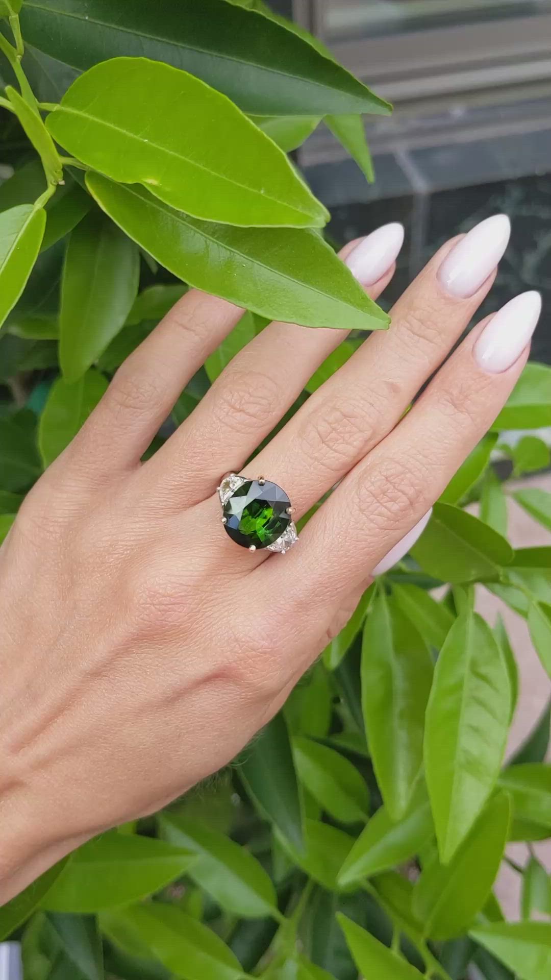 7.74 Ct. Green Tourmaline and Natural Diamond Three Stone Ring, Platinum & 18K Yellow Size Video