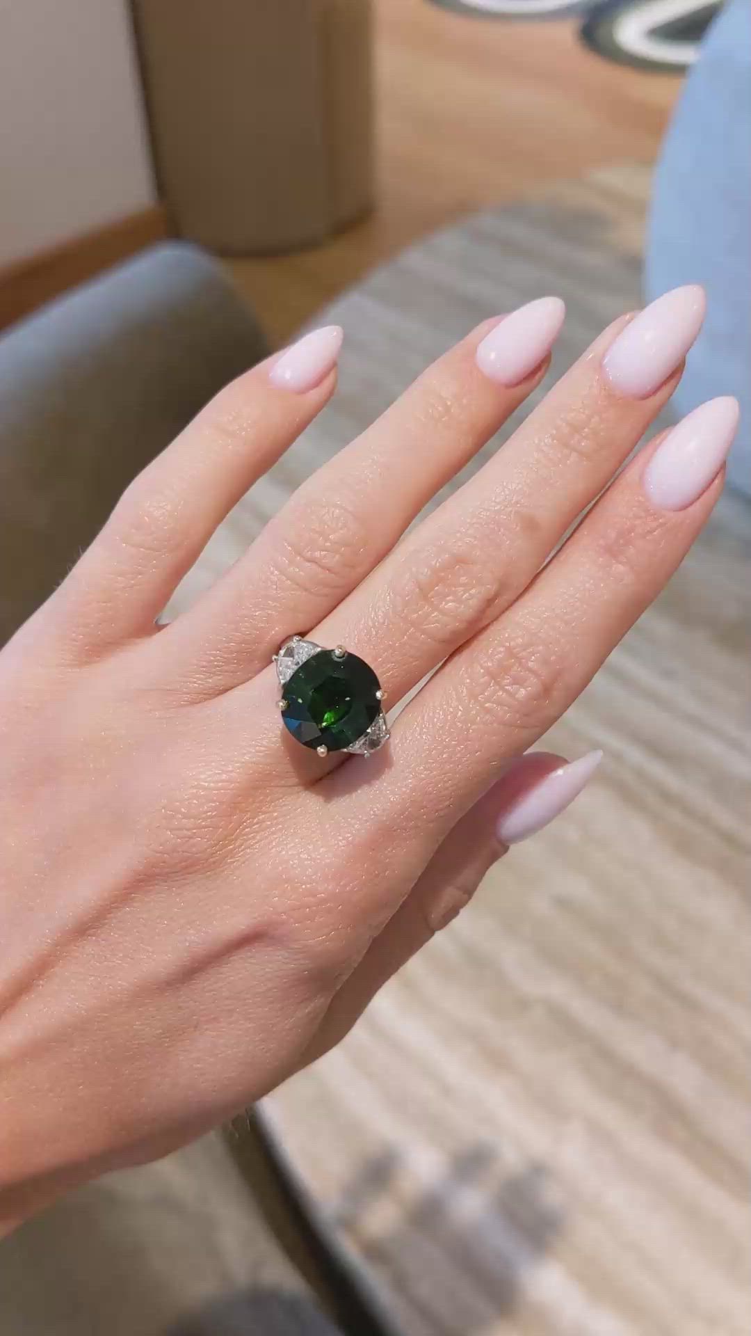 7.74 Ct. Green Tourmaline and Natural Diamond Three Stone Ring, Platinum & 18K Yellow Size Video