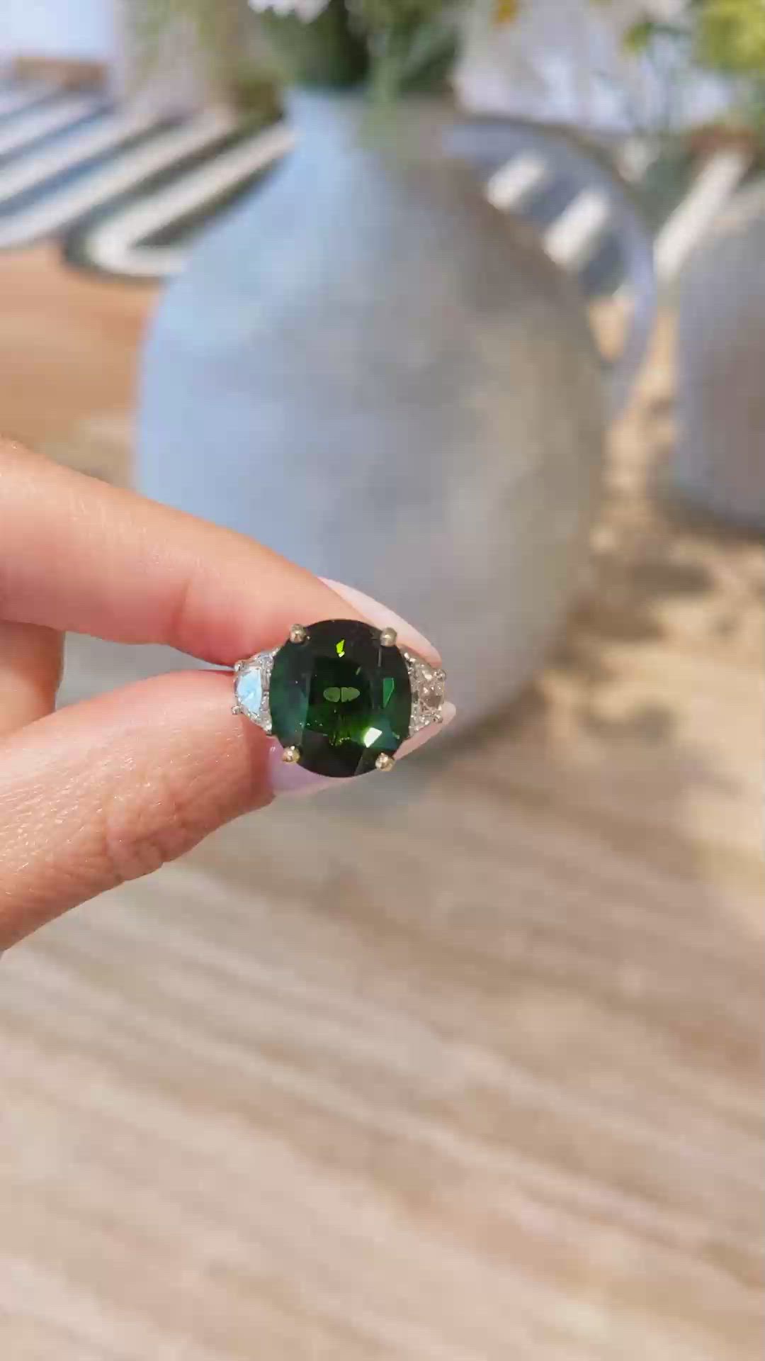 7.74 Ct. Green Tourmaline and Natural Diamond Three Stone Ring, Platinum & 18K Yellow Size Video