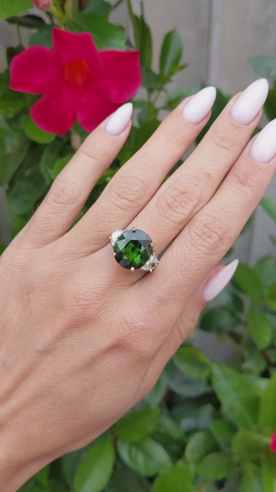7.74 Ct. Green Tourmaline and Natural Diamond Three Stone Ring, Platinum & 18K Yellow Size Video