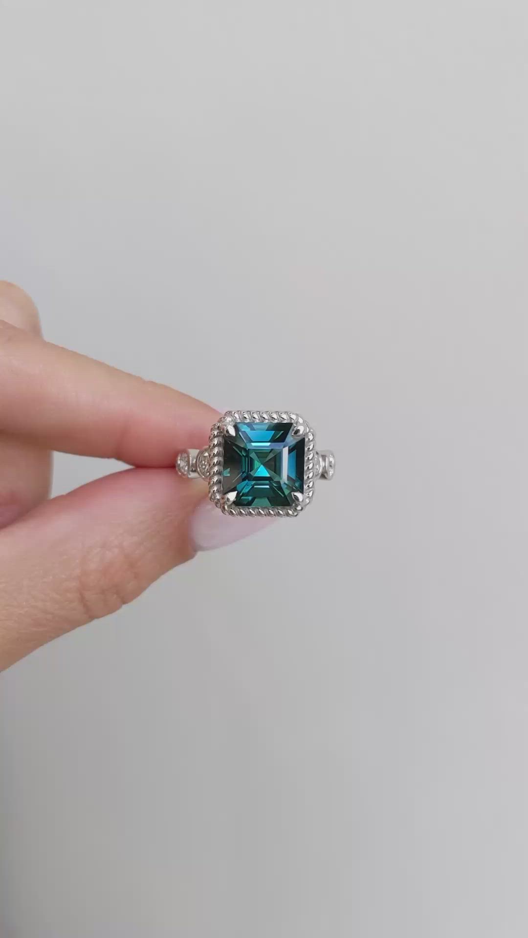 5.21 Ct. Greenish Blue Tourmaline and Natural Diamond Halo Ring, 18K White Gold Size Video