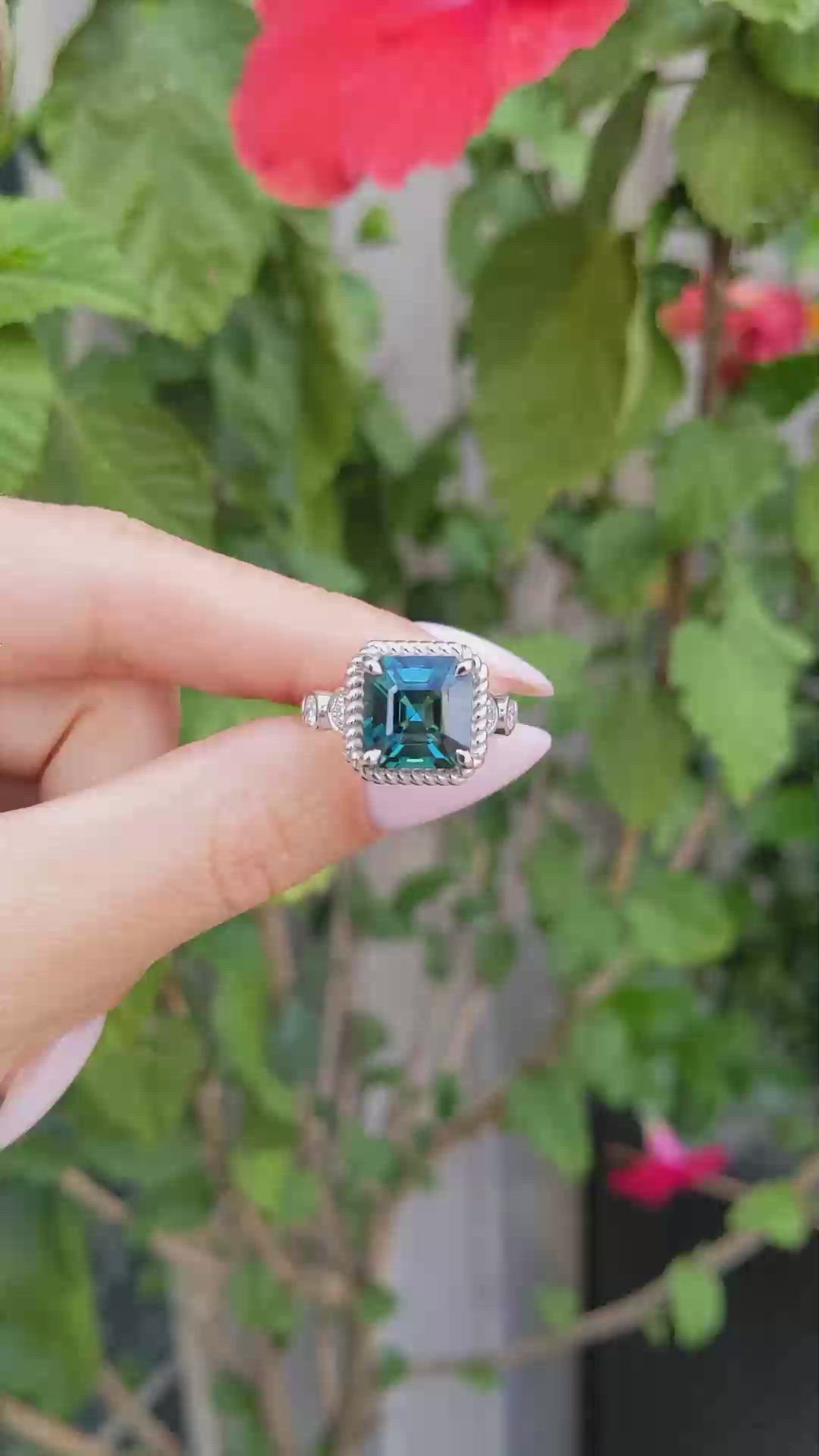 5.21 Ct. Greenish Blue Tourmaline and Natural Diamond Halo Ring, 18K White Gold Size Video