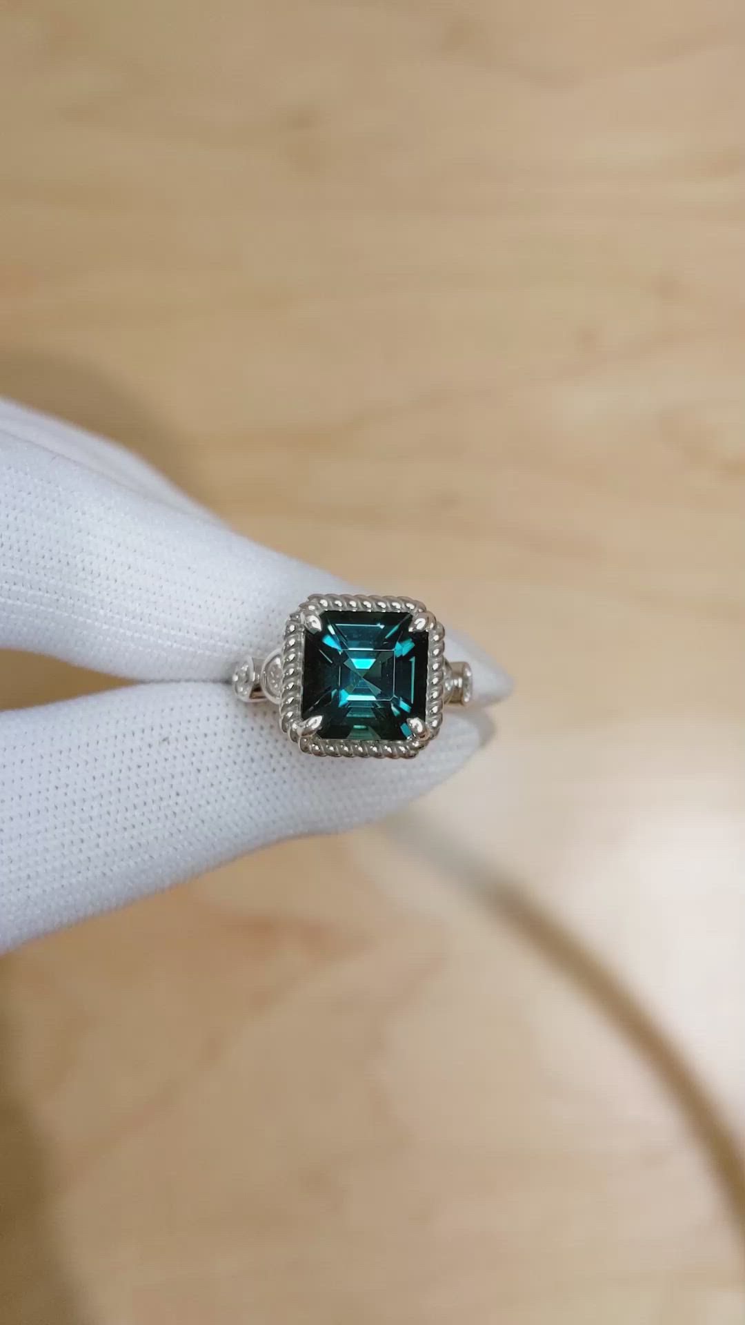 5.21 Ct. Greenish Blue Tourmaline and Natural Diamond Halo Ring, 18K White Gold Size Video
